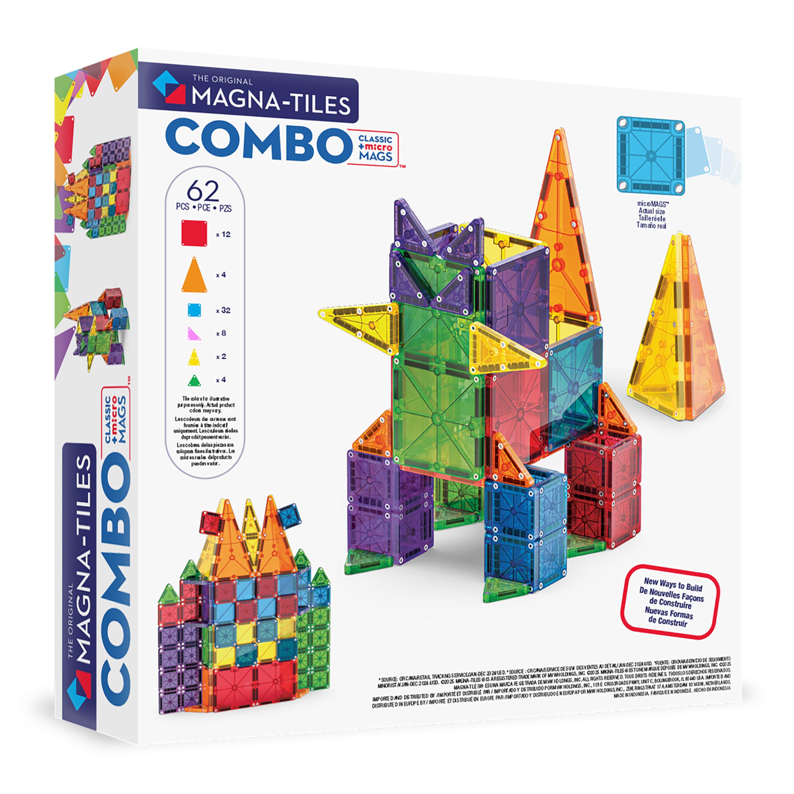 Magna-Tiles Combo - Juego de construcción magnética de 62 Piezas, la Marca Original de construcción magnética