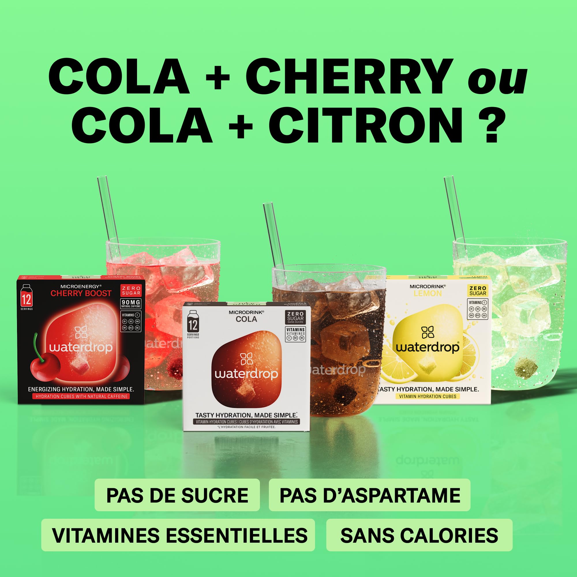 waterdrop® Microdrink Coffret Boissons Gazeuses - Cola, Cerise & Citron, 36 Boissons en Cubes Effervescentes en 3 Saveurs, Enrichi en Vitamines, Boisson Sans Sucre, Eau Aromatisée en Pastille