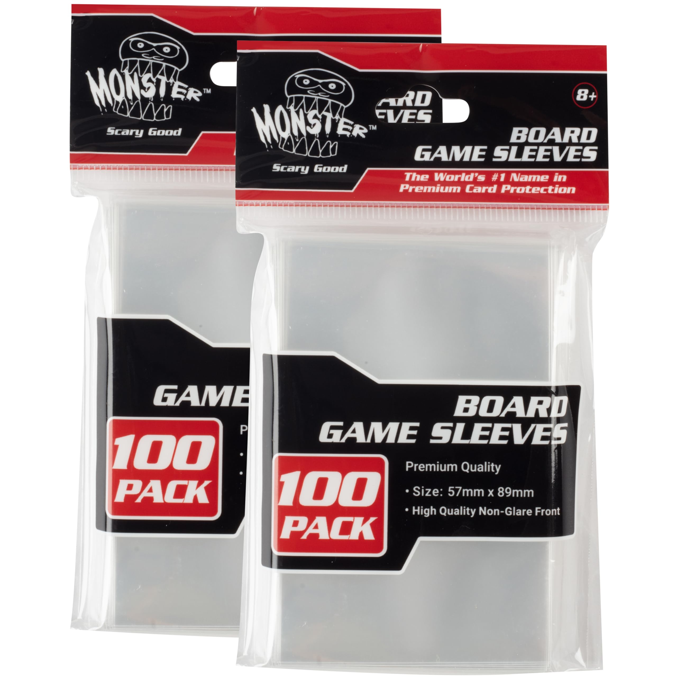 MONSTER PROTECTORSClear Board Game Card Sleeves (200 Pack) – Standard American Size (57 x 89mm) Protectors, 100 Micron Thickness Sleeves for Premium Protection