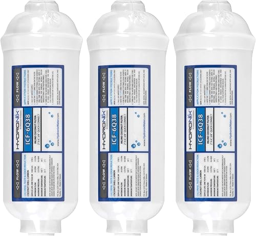 Hydronix HX-ICF-6Q38/3 Filtro de agua de ósmosis inversa en línea, refrigerador y hielo Coconut Gac de 2 x 6, 1000 galones, Qc de 3/8 de pulgada,