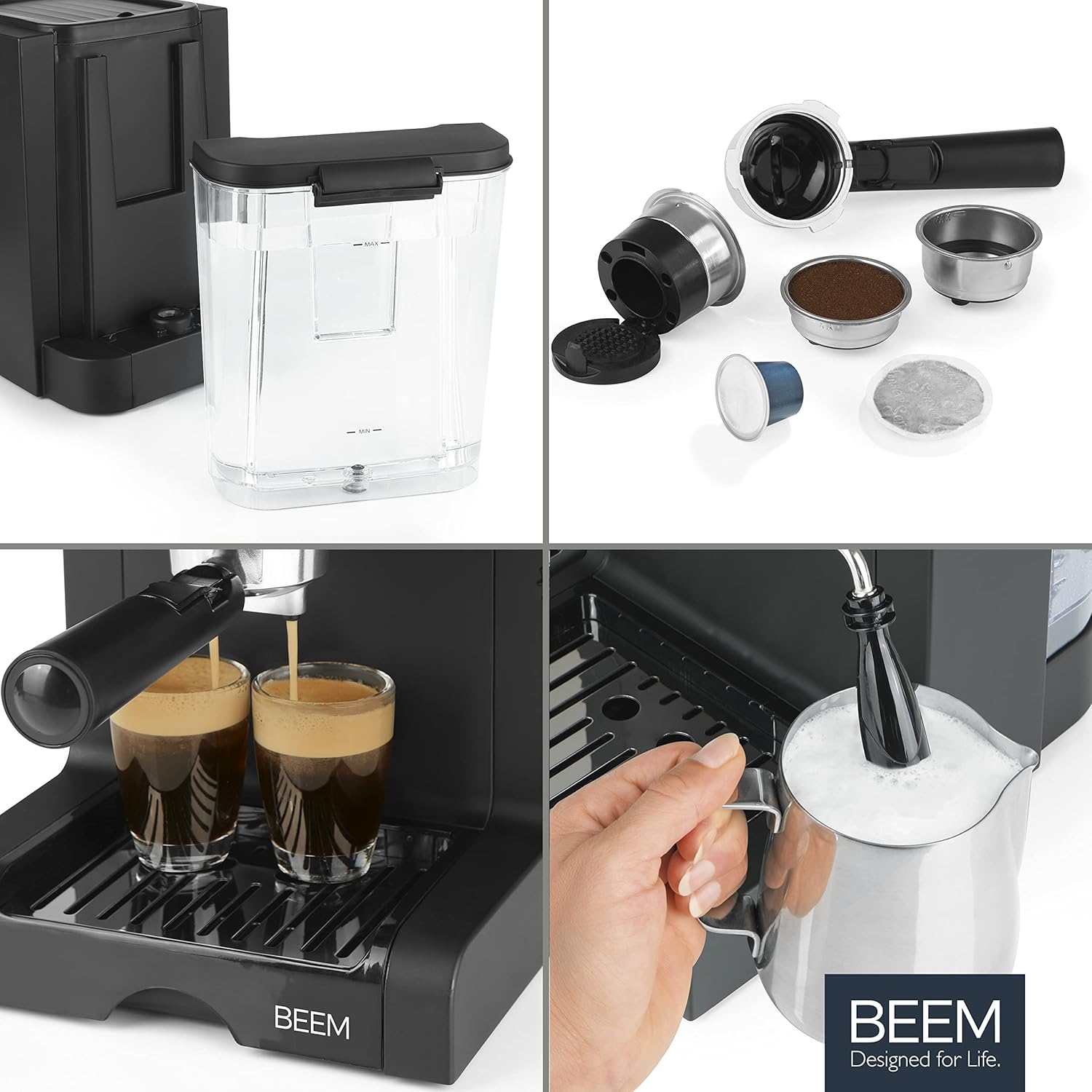 BEEM ESPRESSO PERFECT Coffee Machine with various inserts including capsule and ground coffee