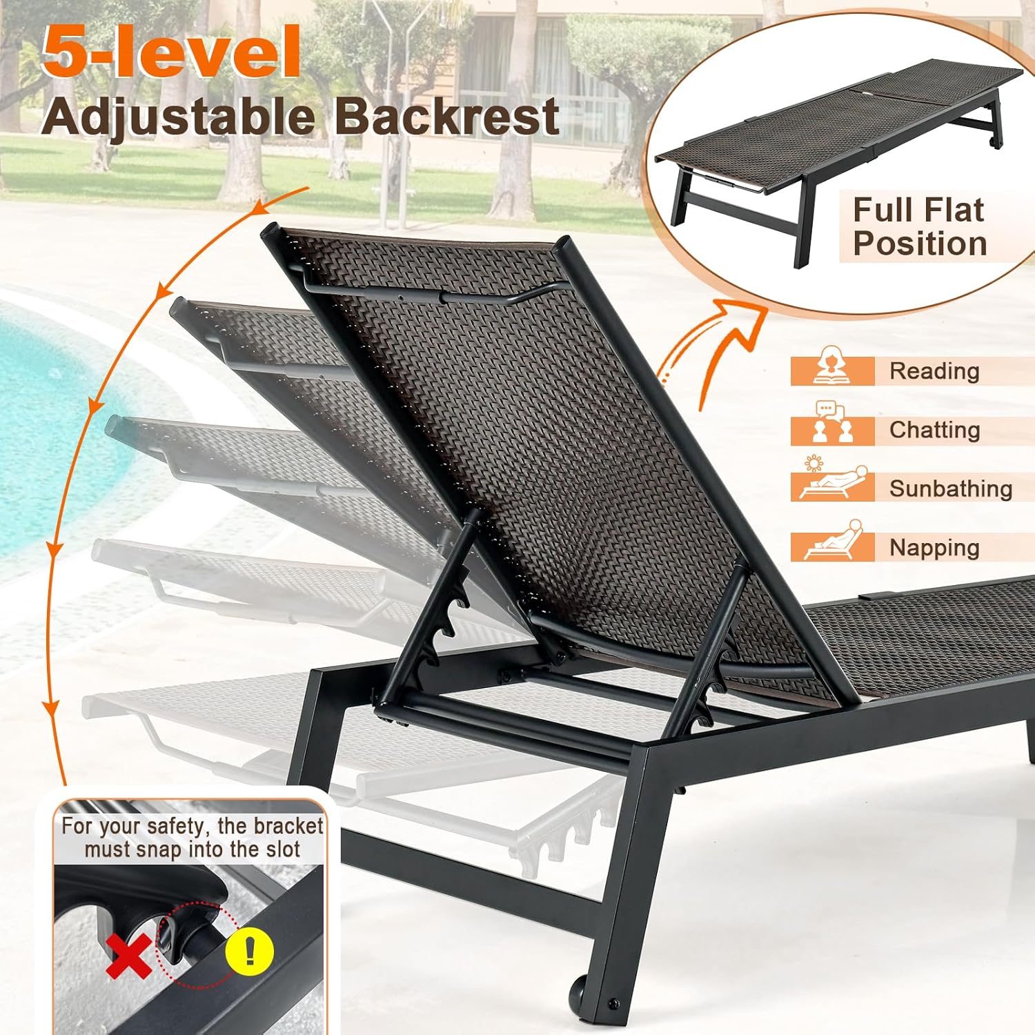 Giantex Patio Chaise Lounge Chair - Outdoor PE Rattan Recliner Chair with Wheels, 5-Position Adjustable Backrest, Steel Frame, Wicker Tanning Chair for Deck, Poolside, Yard, Beach Sunbathing Chair(1)