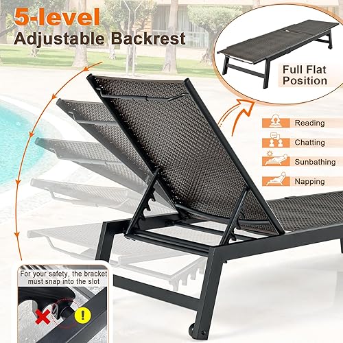 Miniatura 5 de Giantex Tumbona para patio, silla reclinable de ratán de polietileno para exteriores con ruedas, respaldo ajustable de 5 posiciones, marco de acero,