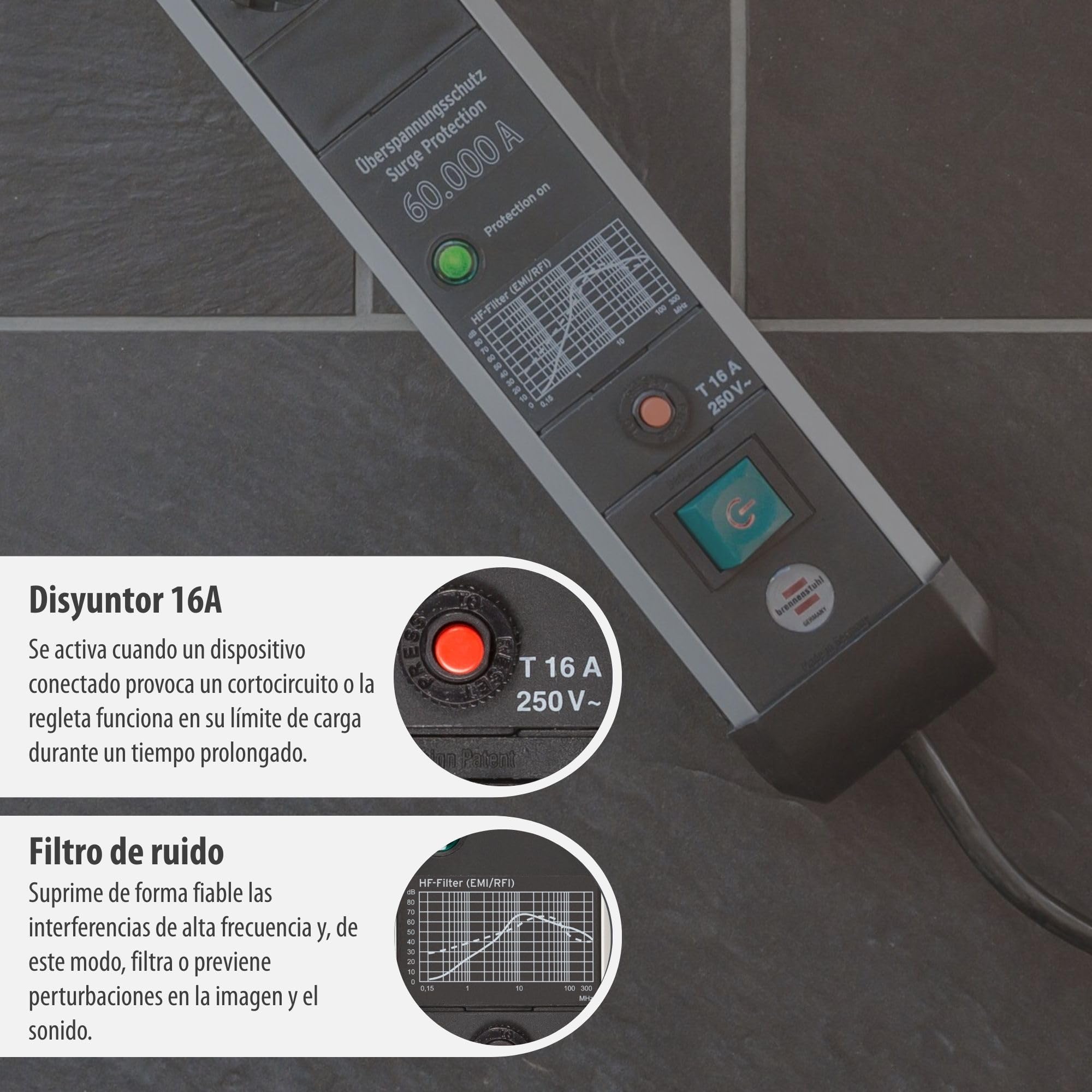 Brennenstuhl Premium-Protect-Line regleta enchufes de 6 Tomas con protección contra sobretensiones hasta 60.000 A (Cable de 5 m, Interruptor, Fabricado en Alemania) Plateado/Negro
