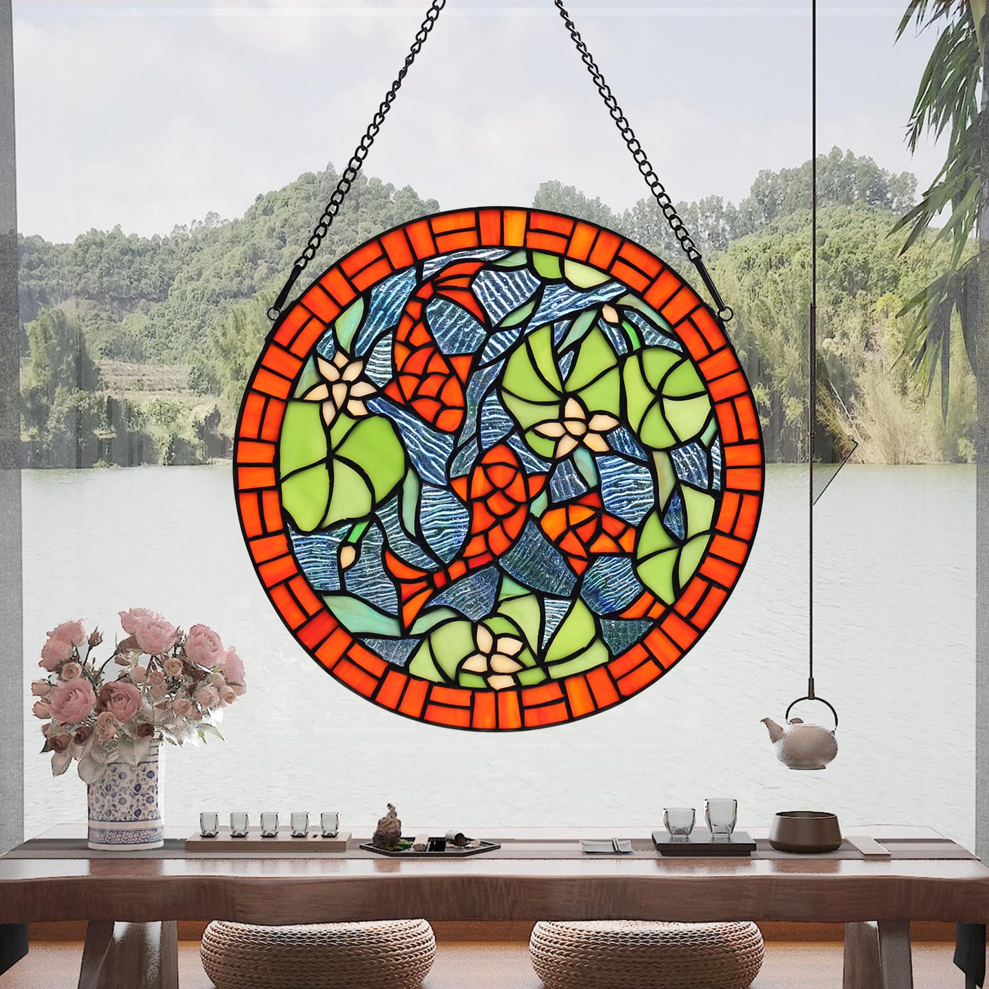 Buntglas-Fensterpaneele im Tiffany-Stil, rund, Lotusblatt, Karpfen-Fensterbehang, Sonnenblende, Wohnzimmer, Schlafzimmer, Küche, Wanddekoration, handgefertigt, Kunst-Sonnenfänger,