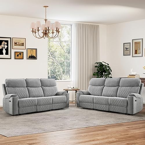 Miniatura 30 de Juego de sofá reclinable eléctrico de 2 piezas con puerto de carga, incluye silla reclinable eléctrica individual y sofá reclinable de 3 plazas para