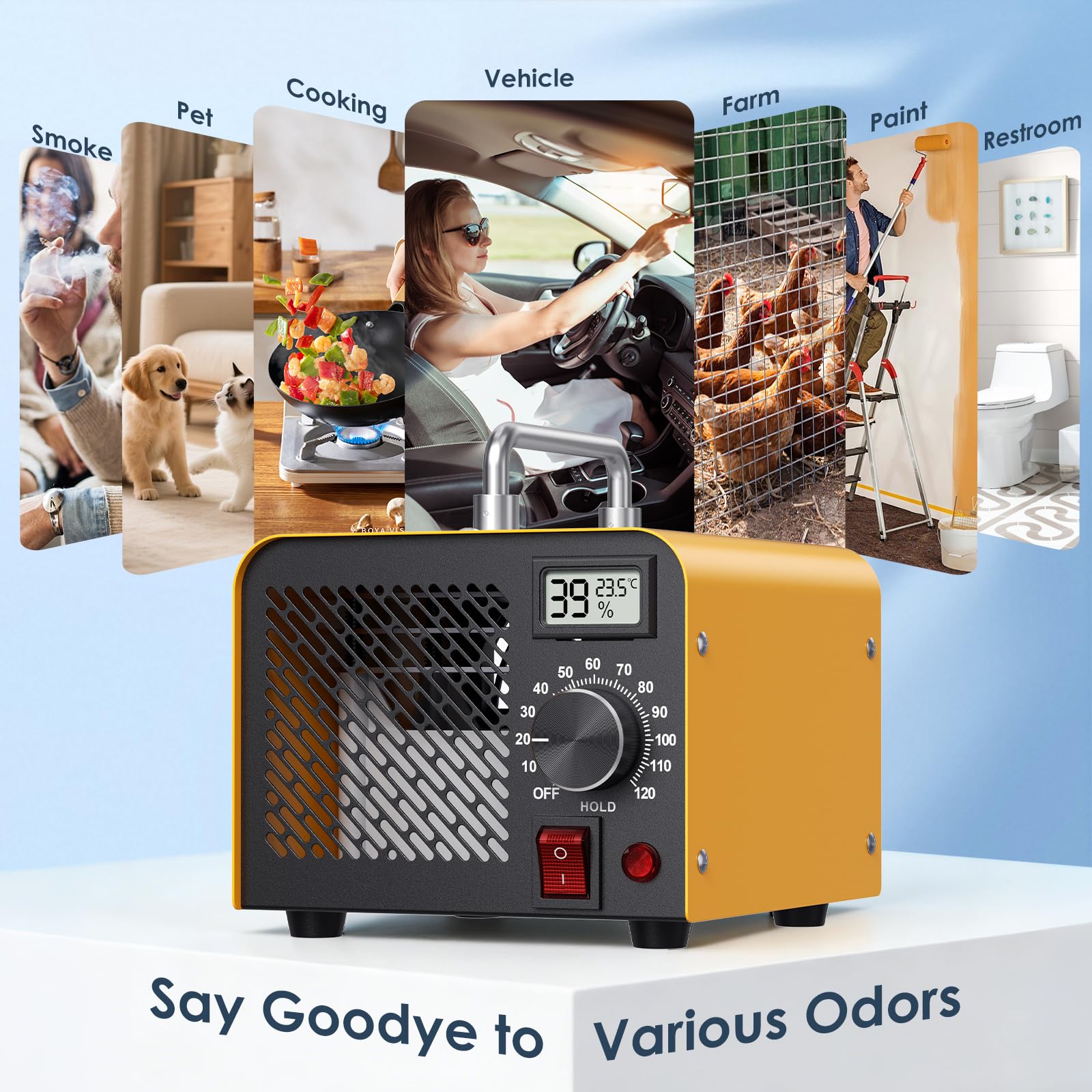 Generatore di ozono 60000 mg/h, purificatore d'aria con ozono per 320 m², con timer da 120 minuti e termoigrometro, ideale per eliminare odori come fumo, animali domestici, cucina (versione base)