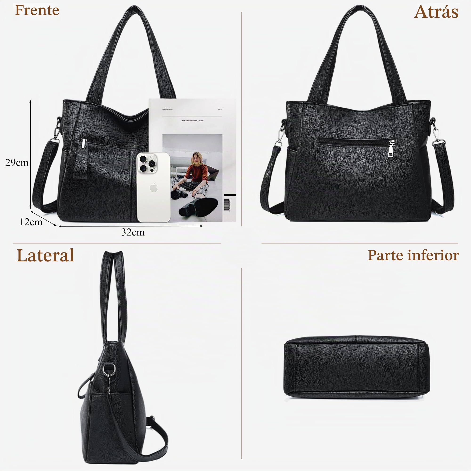 Bolso Mujer Mano Hombro Bandolera Mediano PU Shopper Tote