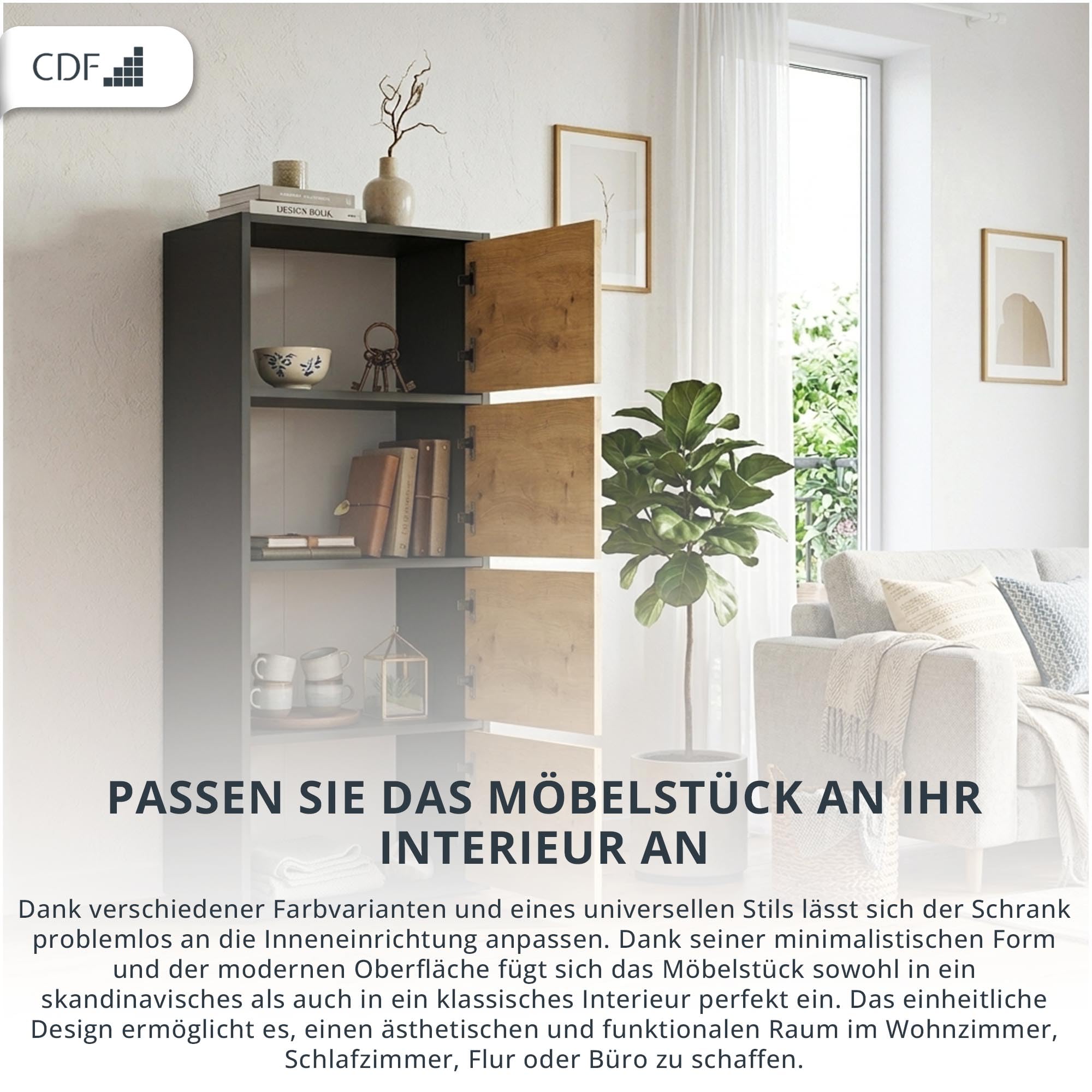 CDF Kommode Mehrzweckschrank 4 Türen Highboard Allzweckschrank Hochkommode Flurschrank für Wohnzimmer Büro Flur Schlafzimmer Aktenschrank Anthrazit/Eiche Artisan Regalschrank 16 mm Platte 40x50x119 cm