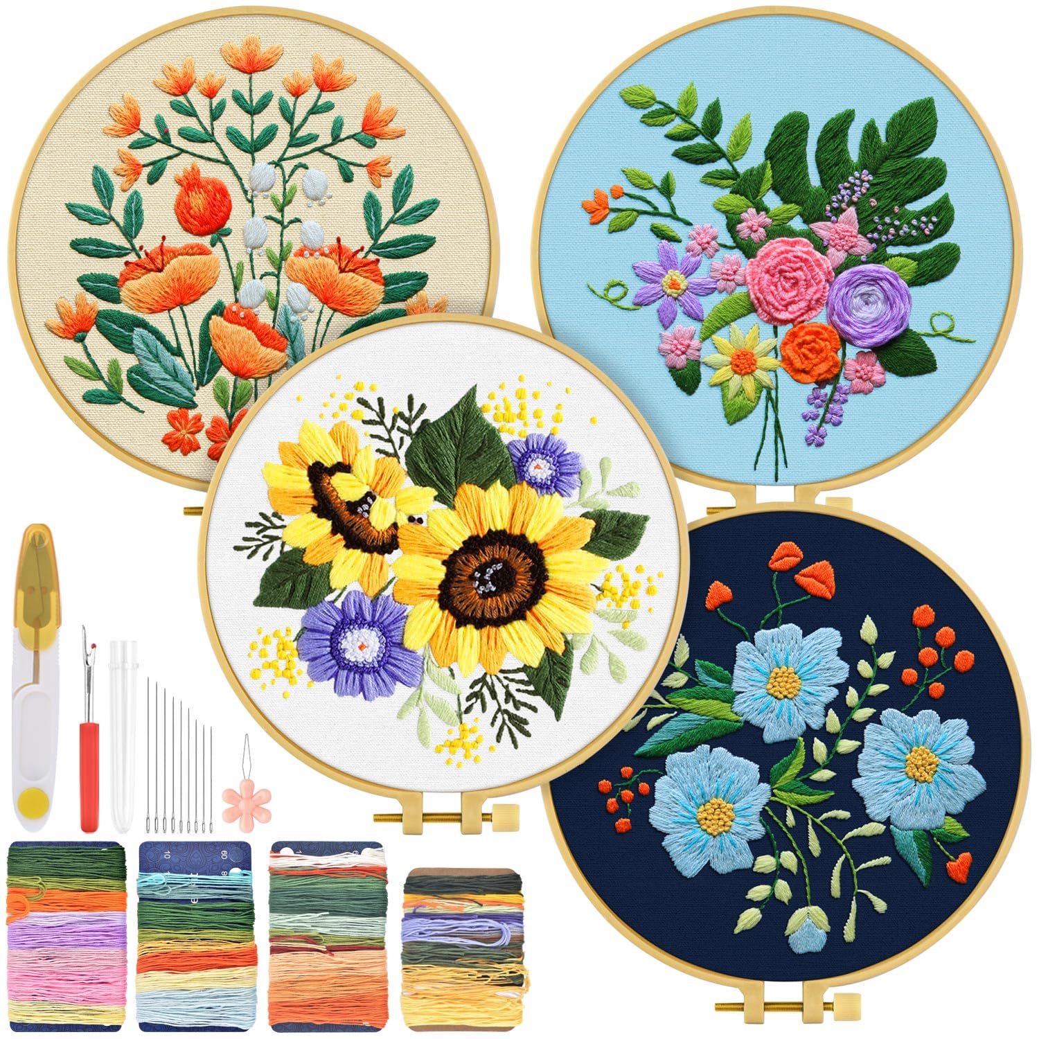 TINDTOP 4 Sets Embroidery Kit for Adults, Floral Embroidery Practice Kit for Beginners Include Embroidery Cloth Hoops Threads for Craft Lover Hand Stitch with Embroidery Skill Techniques