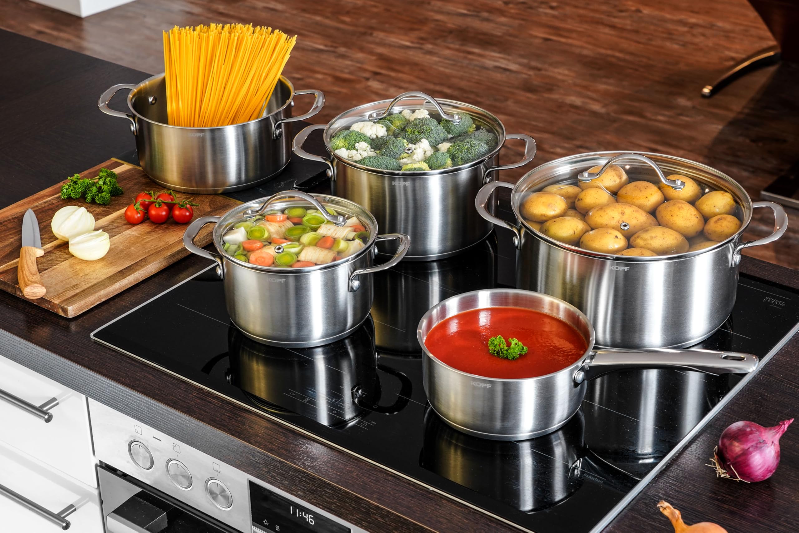 KOPF Topfset Induktion Clara 8-teiliges Kochtopf Set mit Edelstahl Töpfe | Backofen & Spülmaschinen geeignet | Topf Set für alle Herdarten | 4 Kochtöpfe, 1 Stielkasserolle, 3 Glasdeckel | Literskala