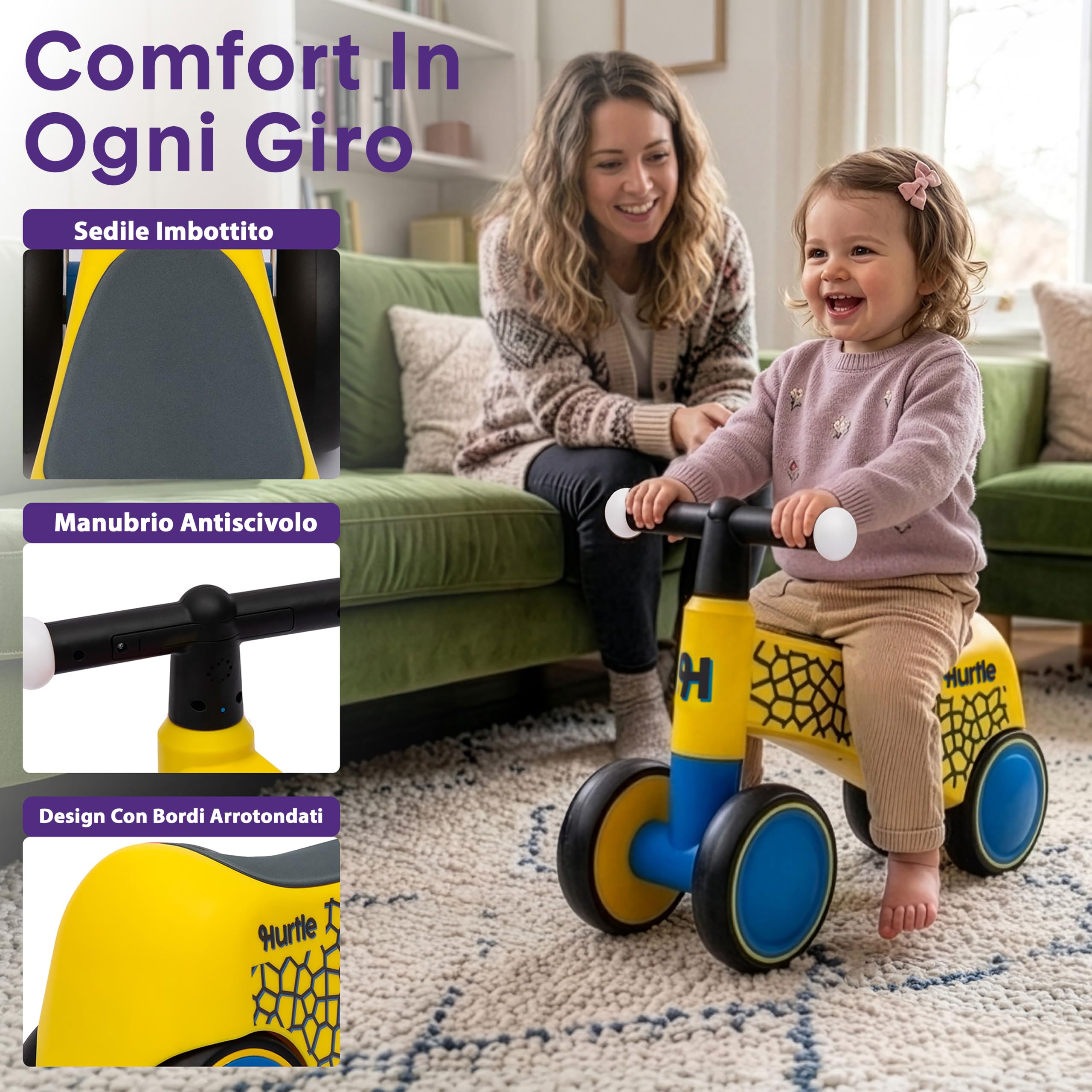 Hurtle Bicicletta senza Pedali, Balance Bike 1,5–3 Anni con Manubrio Luminoso, Bicicletta Bambini Leggera per Equilibrio e Coordinazione, Giochi Bambini, Regalo, Uso Interno/Esterno, Giallo