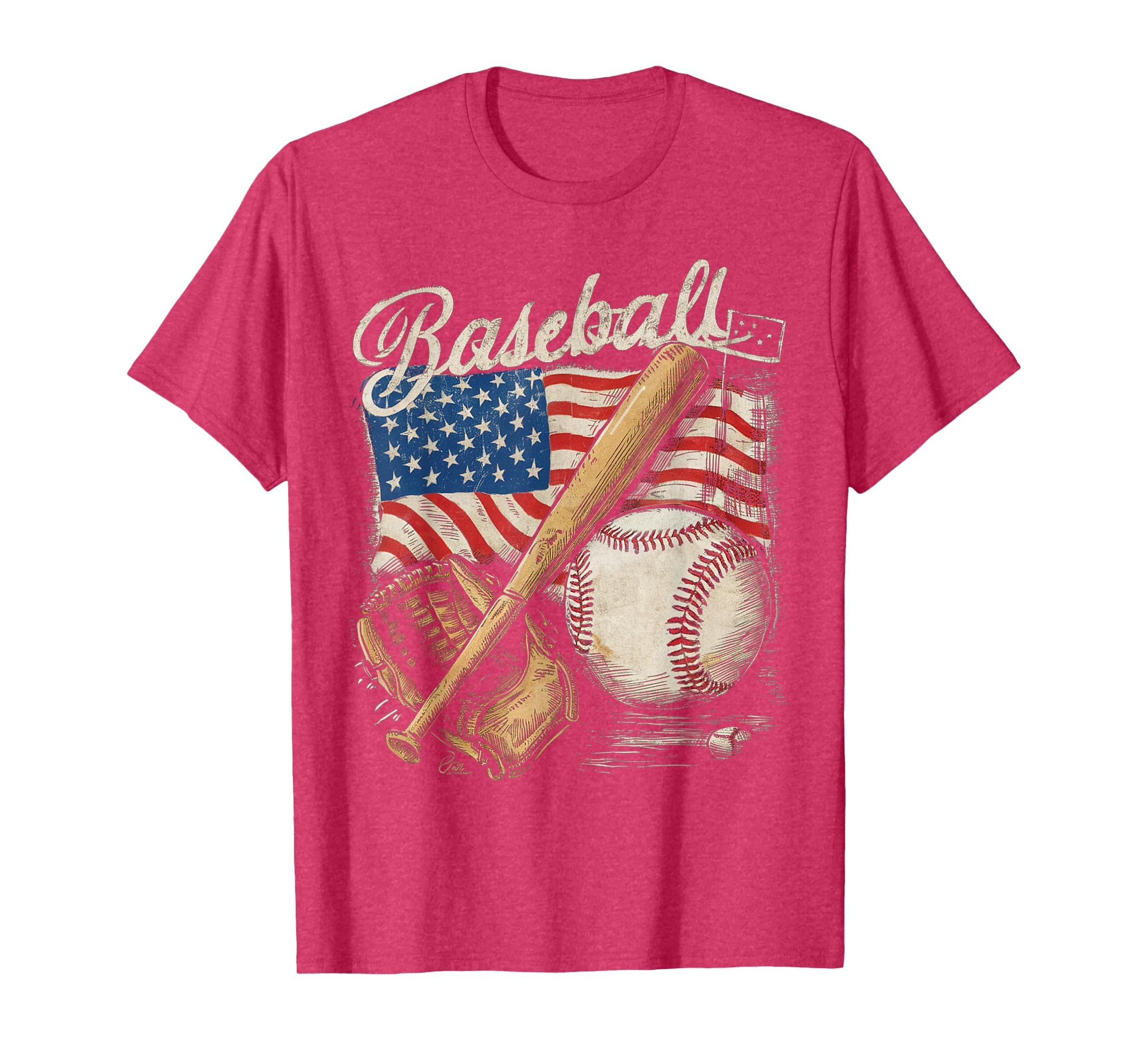 American Flag Baseball Player Bat Fan Catcher Pitcher USA T-Shirt