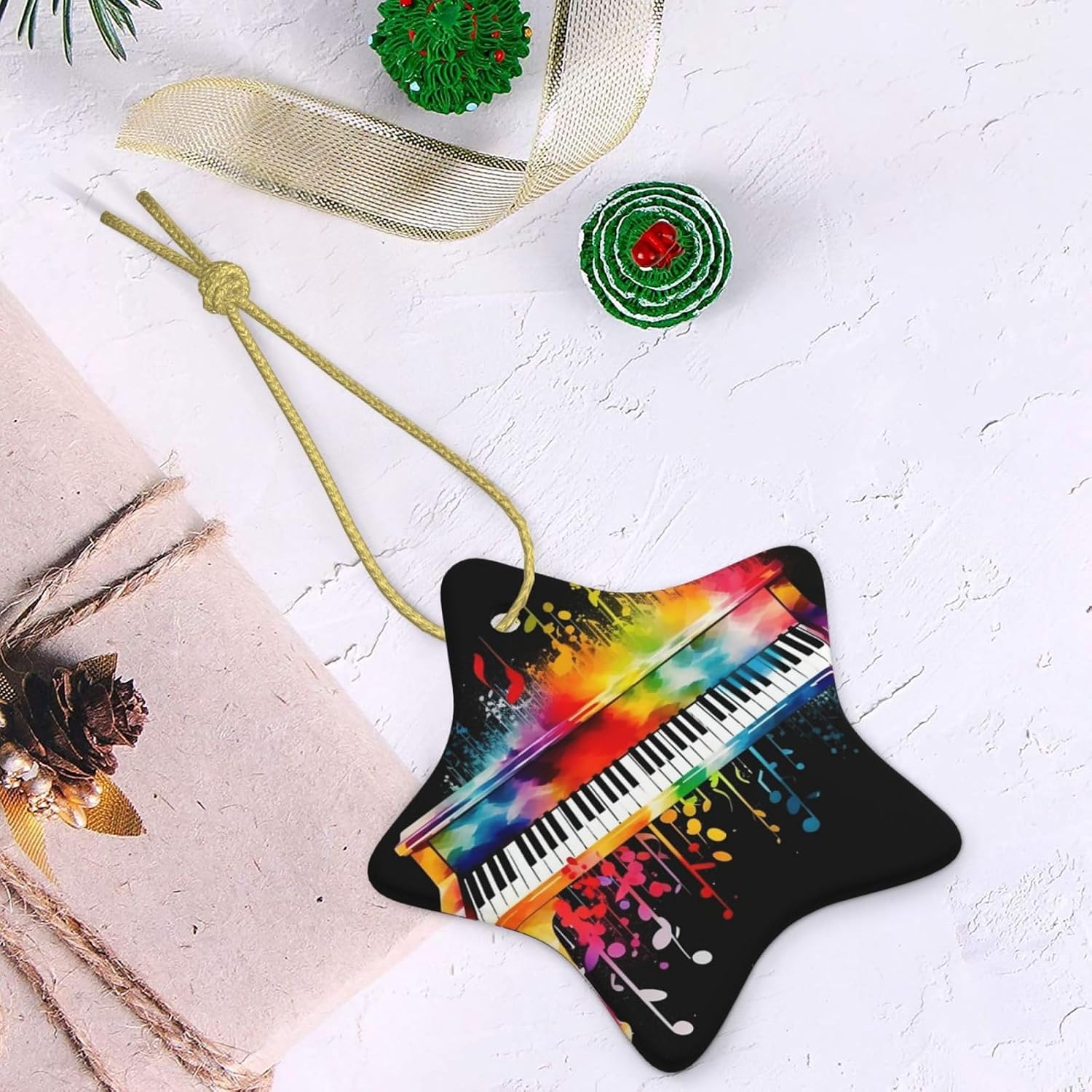 Colorful Piano Keyboard Music Note Print Christmas Ceramic Ornaments Personalized Star Xmas Hanging Ornament Christmas Tree Pendants for Home Party Holiday Office Gift