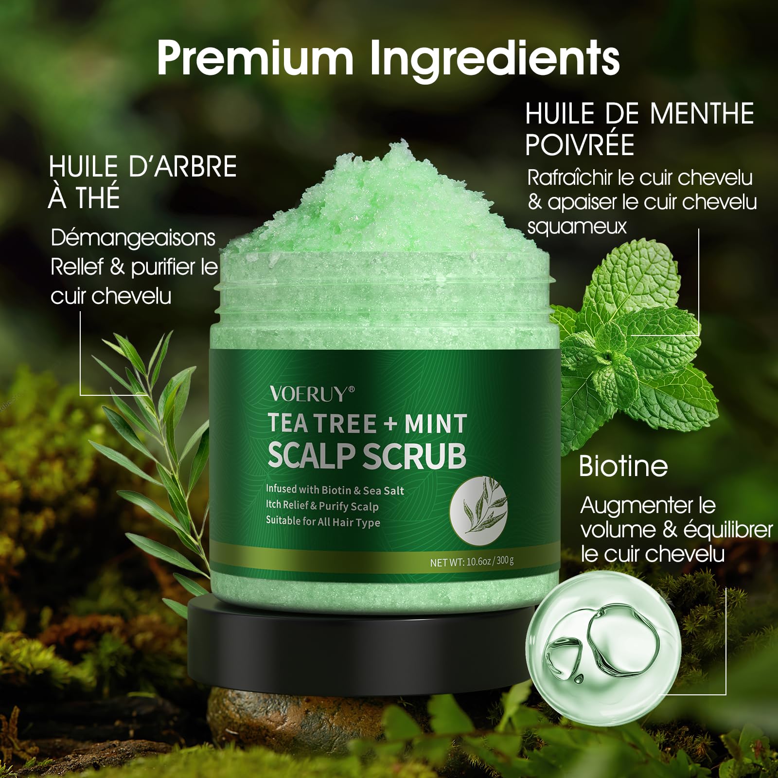 Shampoing exfoliant pour cuir chevelu 2 en 1 à l'huile de menthe, soin des cheveux pour clarifier et éliminer les dépôts avec masseur de cuir chevelu en silicone, 300 g