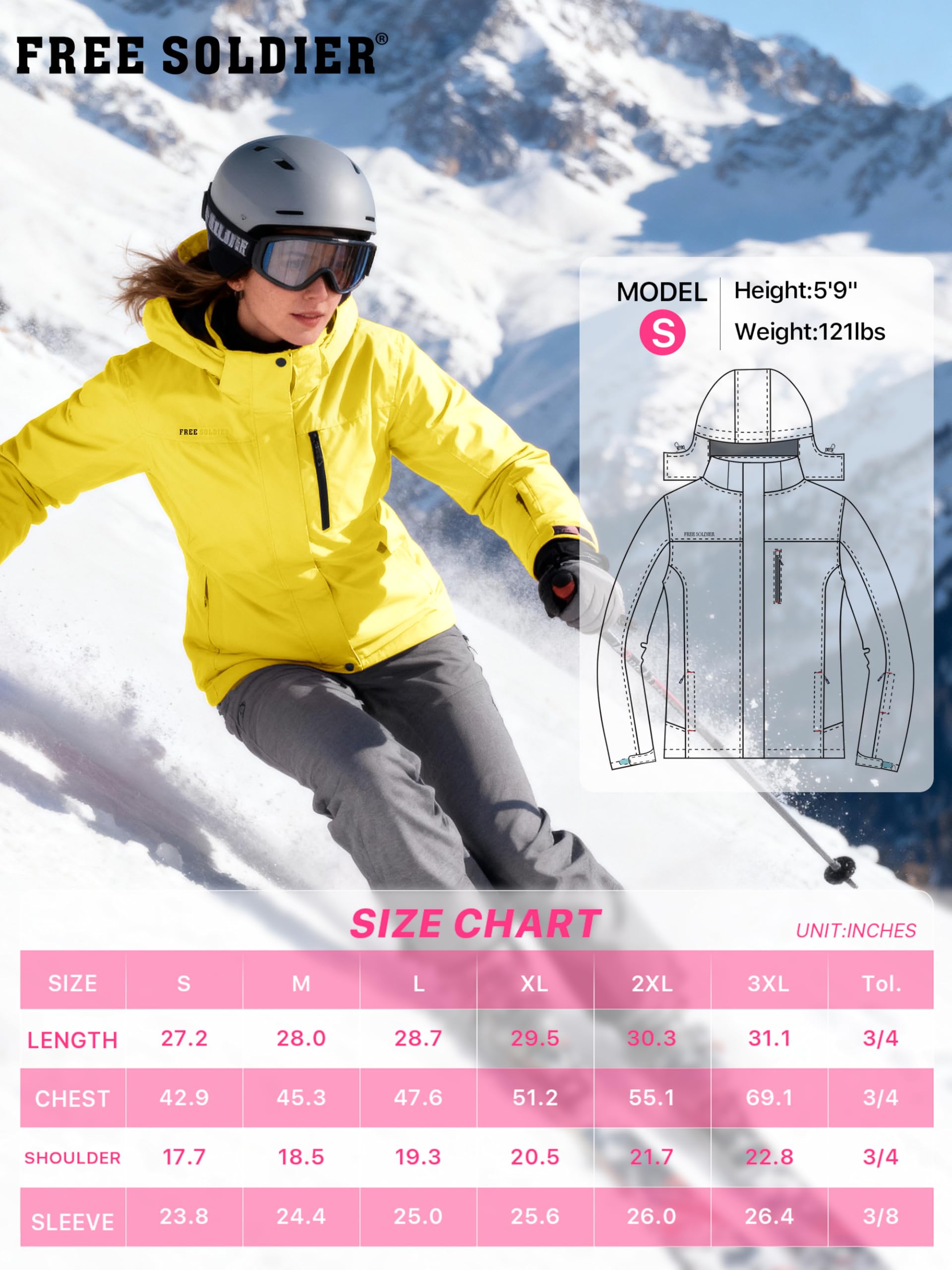FREE SOLDIER Women's Waterproof Ski Snow Jacket Fleece Lined Warm Winter Rain Jacket with Hood Fully Taped Seams