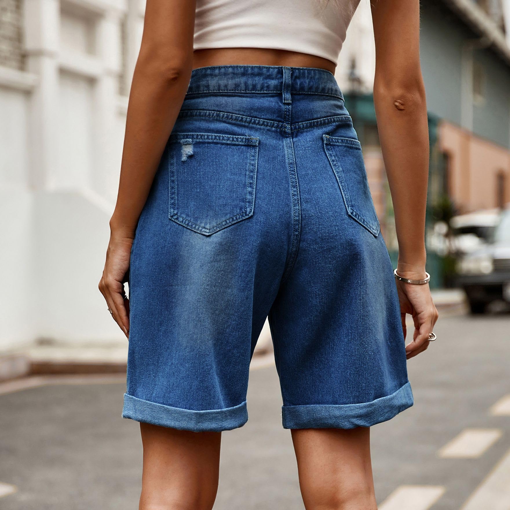 Short in Jeans Donna Bermuda a Vita Alta, Gamba Ampia, Risvolto, Cinque Tasche, Chiusura Bottone Zip, Casual