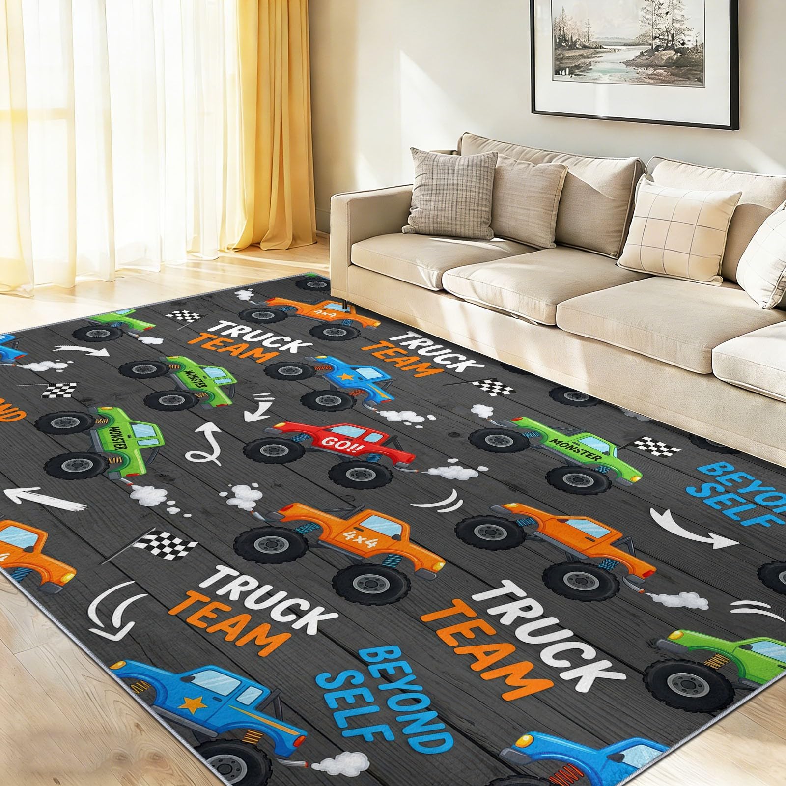 Cartoon Tapis Salon - Lavable Tapis Imprimé, Camions Pneus Mots Manuscrits Flèches - Doux Moquette pour Chambre, Tapis Descente De Lit Antidérapant, Salle à Manger - Gris Foncé 140 x 200 cm