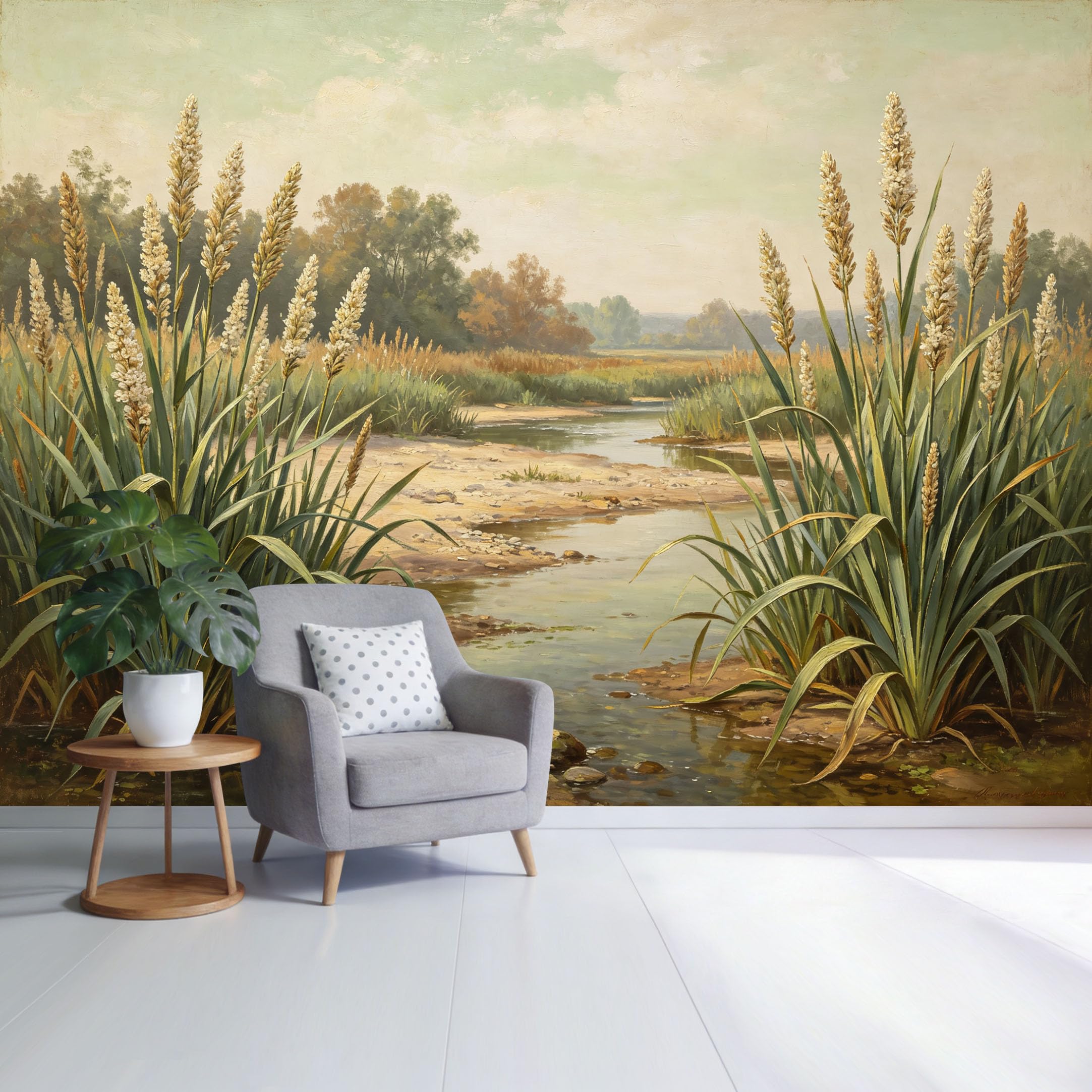 Custom Size Wall Mural Tranquil Riverside Landscape Tall Reeds and Water Stream Botanical Oil Painting Style SelfAdhesive Wall Fabric Removable Wallpaper for Home Office Decor