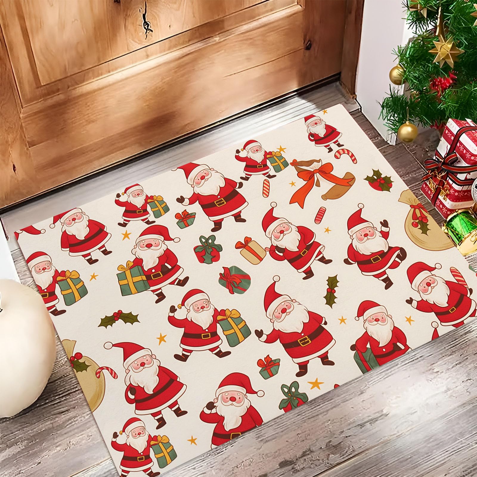 Tapis Entree Interieur 50x80cm de Noël antidérapant et absorbant lavable rouge