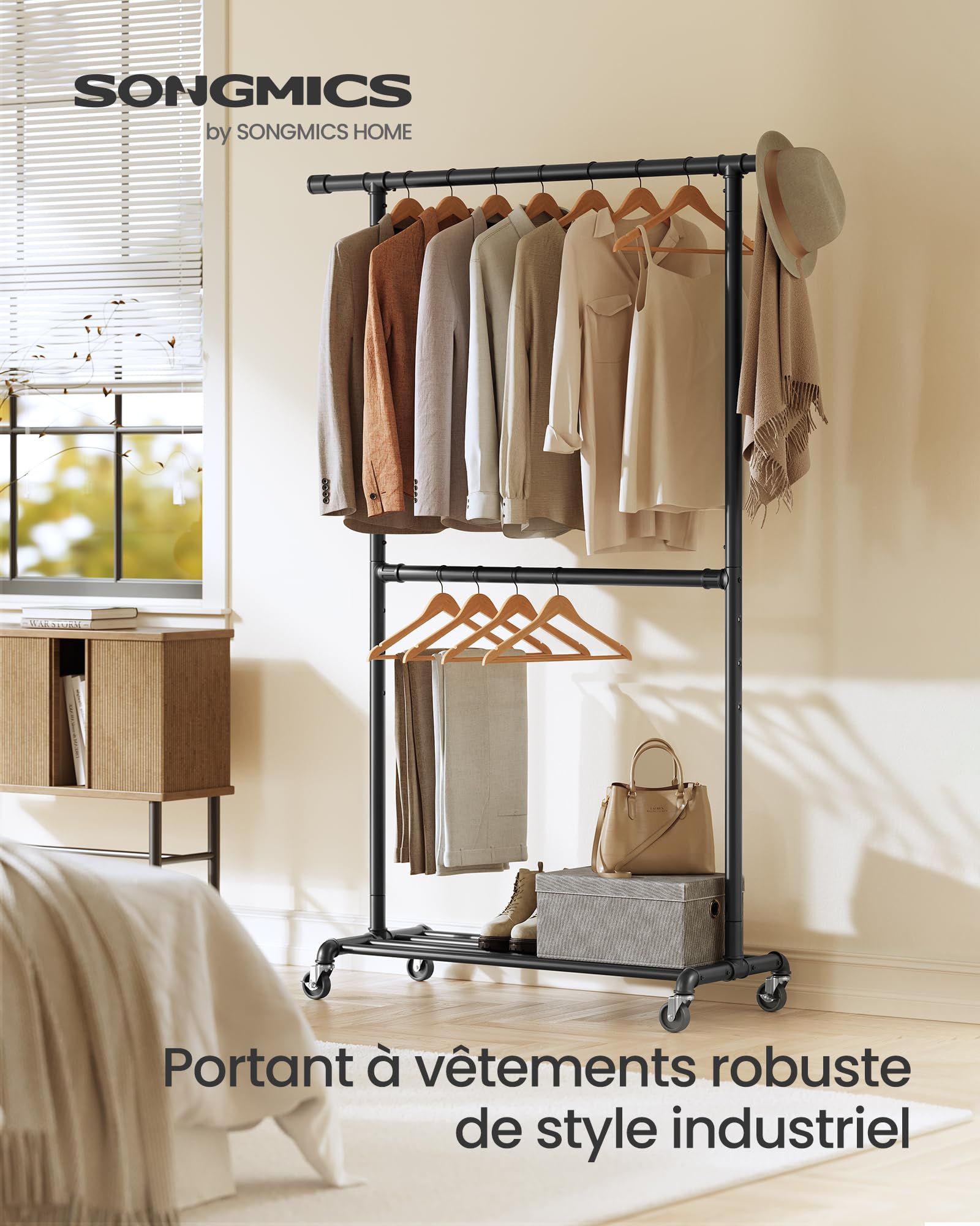 SONGMICS Portant à Vêtements, Capacité de Charge 110 kg, Porte-manteau sur Roulettes, Porte-vêtements Mobile, Tringle du Milieu Réglable, en Métal, Résistant, Style Industriel, Noir HSR62BK