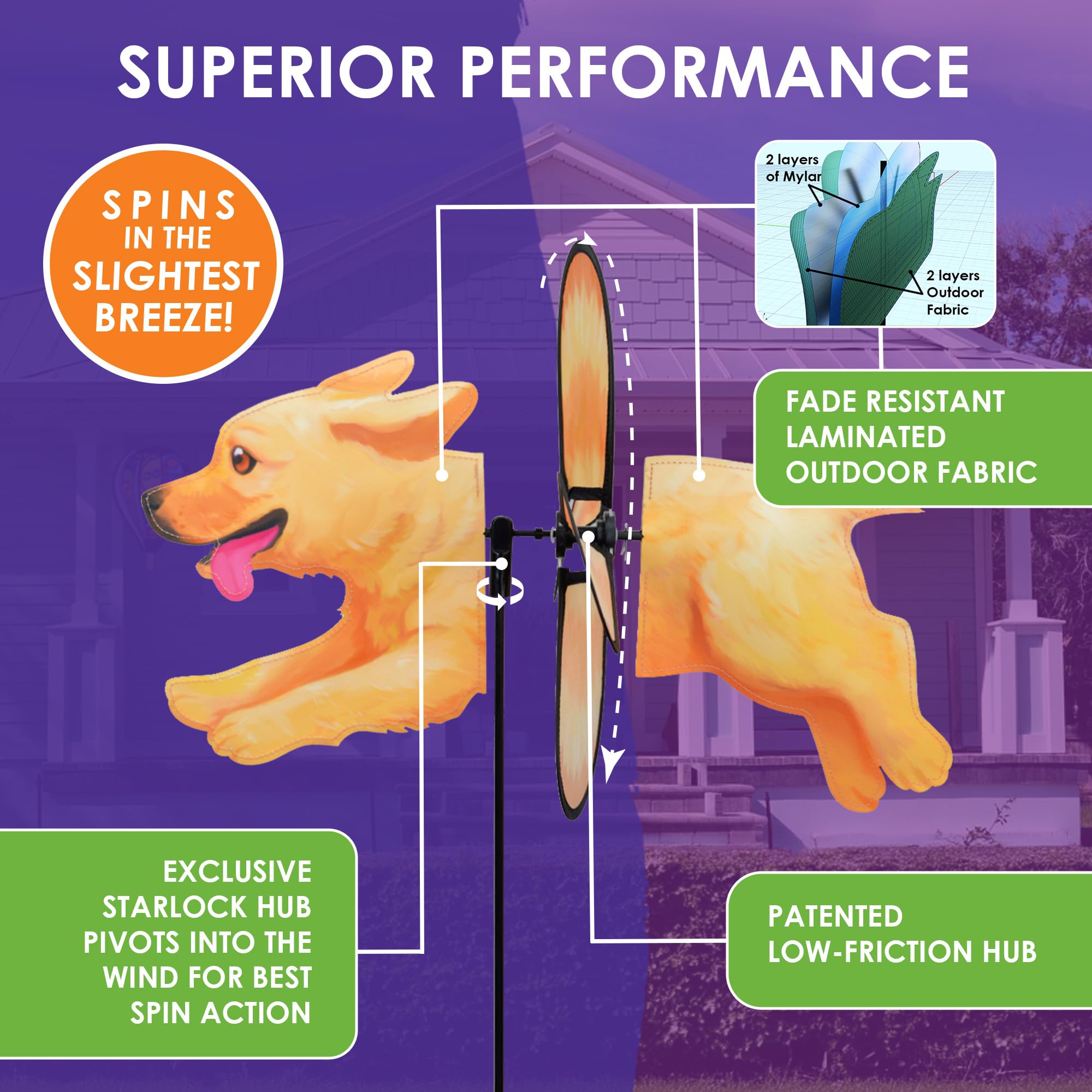 Premier Kites Petite Spinner Golden Retriever - Skurriles Windspiel für Hof & Garten, strapazierfähiges, wetterbeständiges Gewebe, einfach zu montieren, Outdoor-Dekor für Terrassen, Rasenflächen und