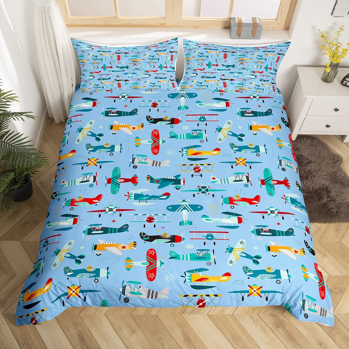 Homewish Boys Airplane Duvet Cover Double Size Fighter Plane Bedding Set Aviation Aircraft Comforter Cover Transport Airliner Aeroplane Quilt Cover Helicopter Blue Sky Air Scenery For Kids Room Decor