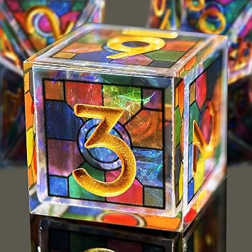 Double Layered Resin Dice Set 7pcs/ Stained Glass Effect & Gold Numbers/Sharp Edged Polyhedral Dice/Apply to D&D/DND/Role Playing Game/RPG/Party Gift (Rainbow)