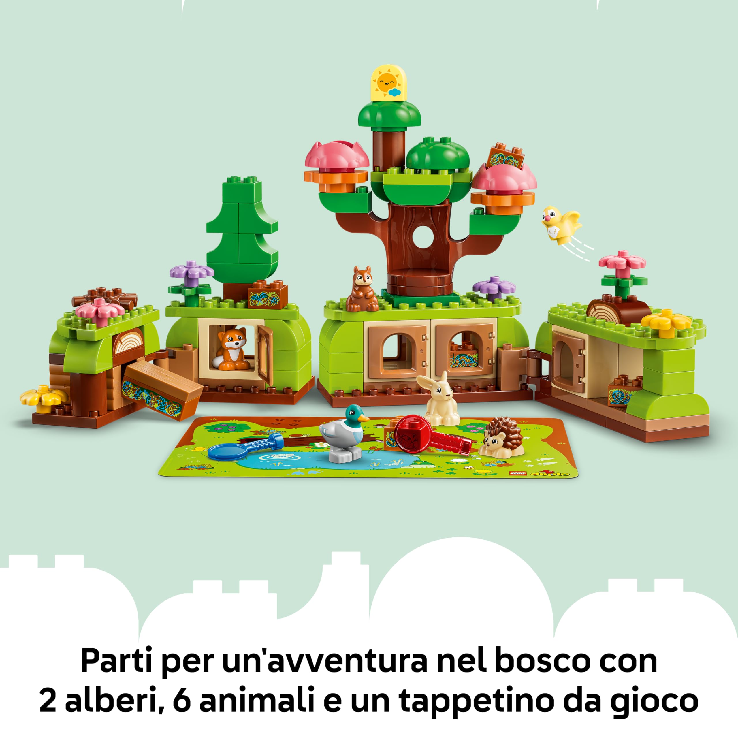 LEGO DUPLO Foresta Esplorativa con Animali Selvatici - Giochi Didattici per i Piccoli - Set Montessori con Figure di Animali, Alberi e Tappeto da Gioco - Regalo per Bambini e Bambine da 3 Anni - 10480