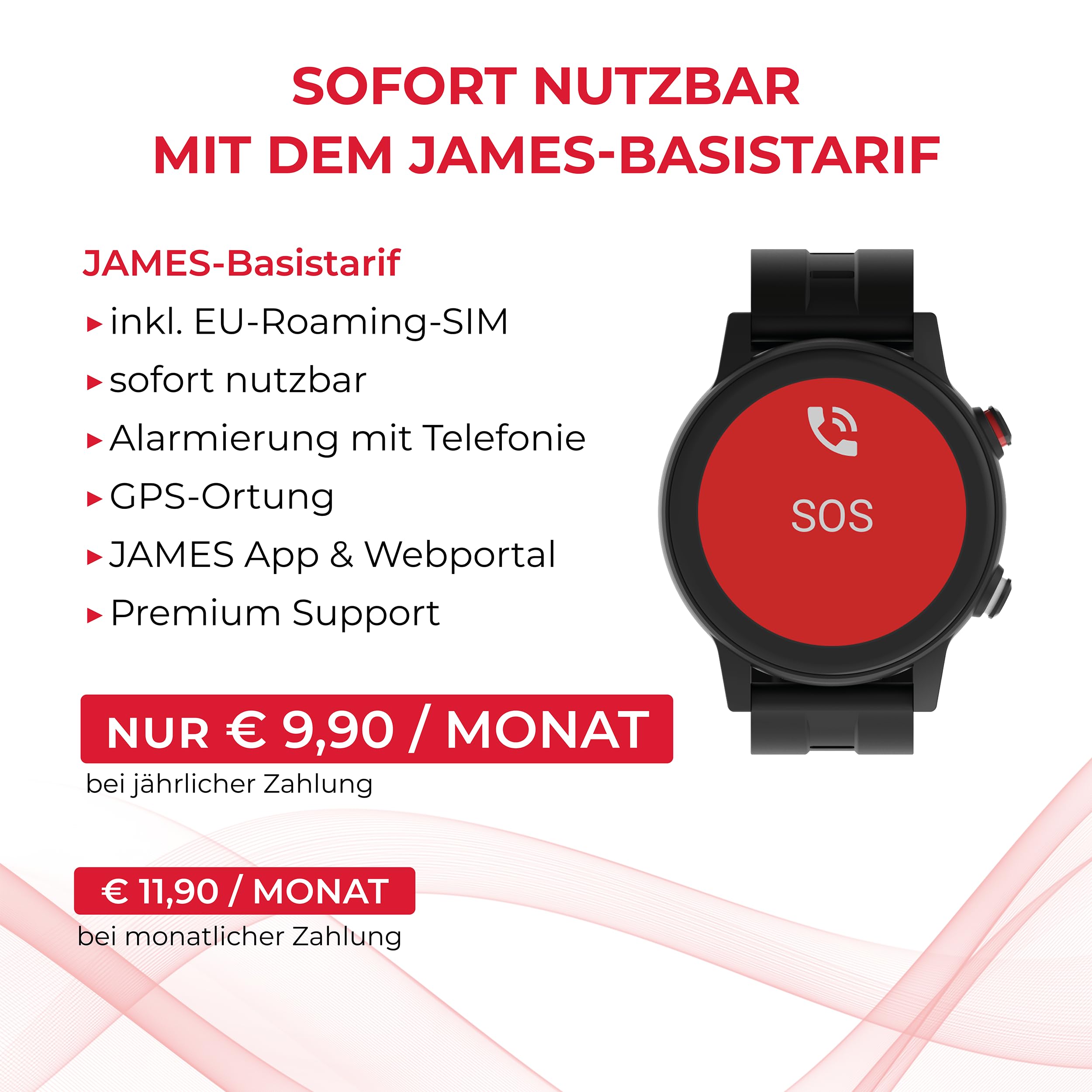 James R9 (schwarz) Notruf– GPS Ortung, Sturzerkennung, Notrufknopf, Gesundheitsfunktionen & Familien-App inkl. SIM (Schwarz, R9)
