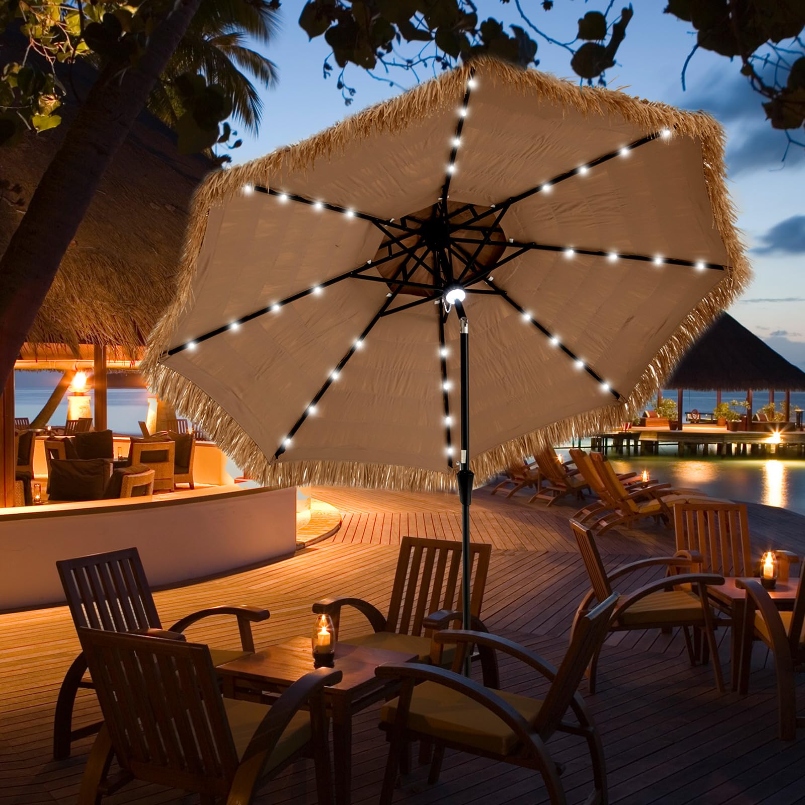 COSTWAY Sombrilla Terraza Exterior con Techo de Paja, Sombrilla Hawaiana con 8 Varillas, Botón para Inclinación, Parasol Exterior con Doble Respiradero para Playa Patio Piscina