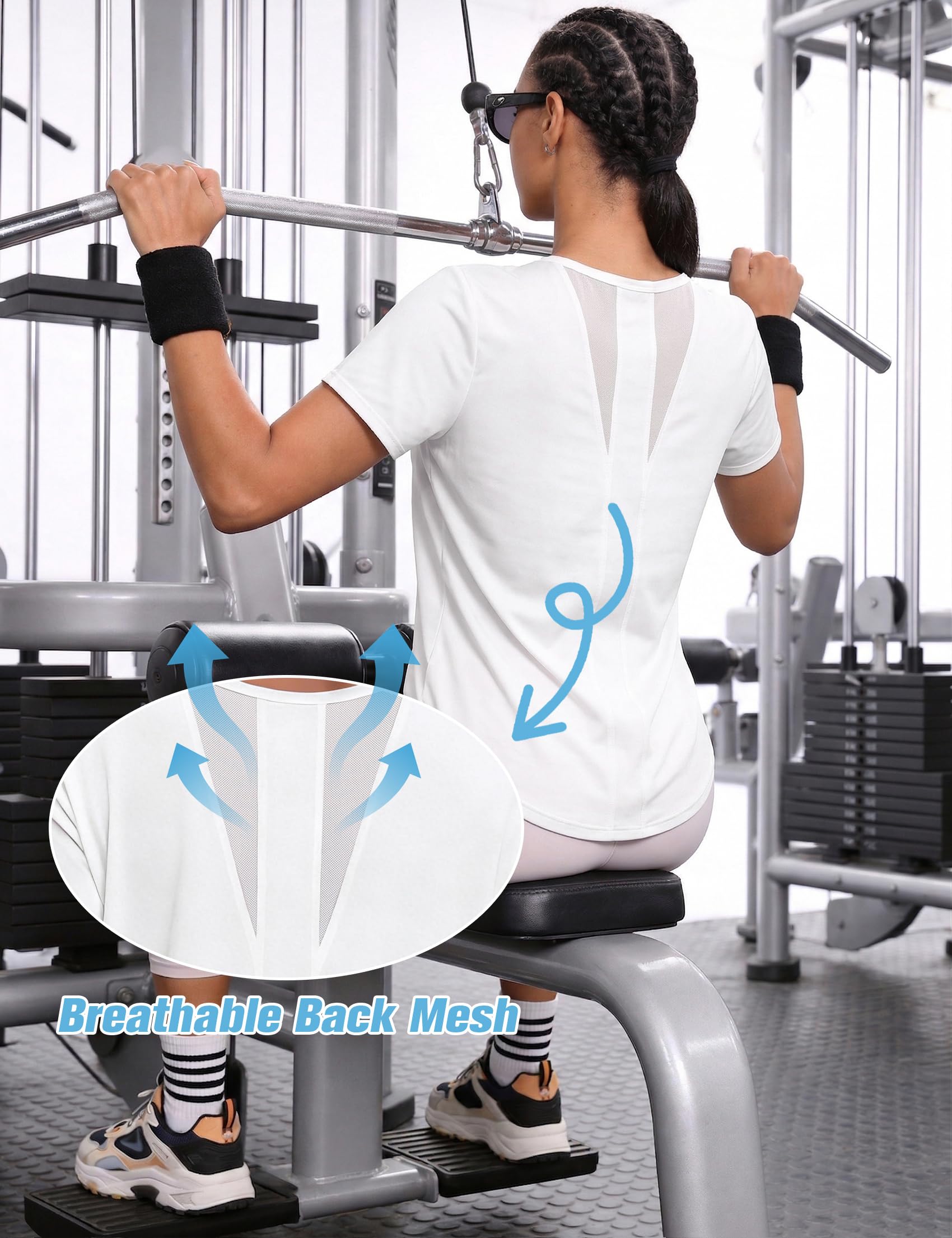 T Shirt Sport Femme Manches Courtes Col Rond Dos en Maille Respirante Haut Léger Séchage Rapide Running Yoga Fitness S-XXL