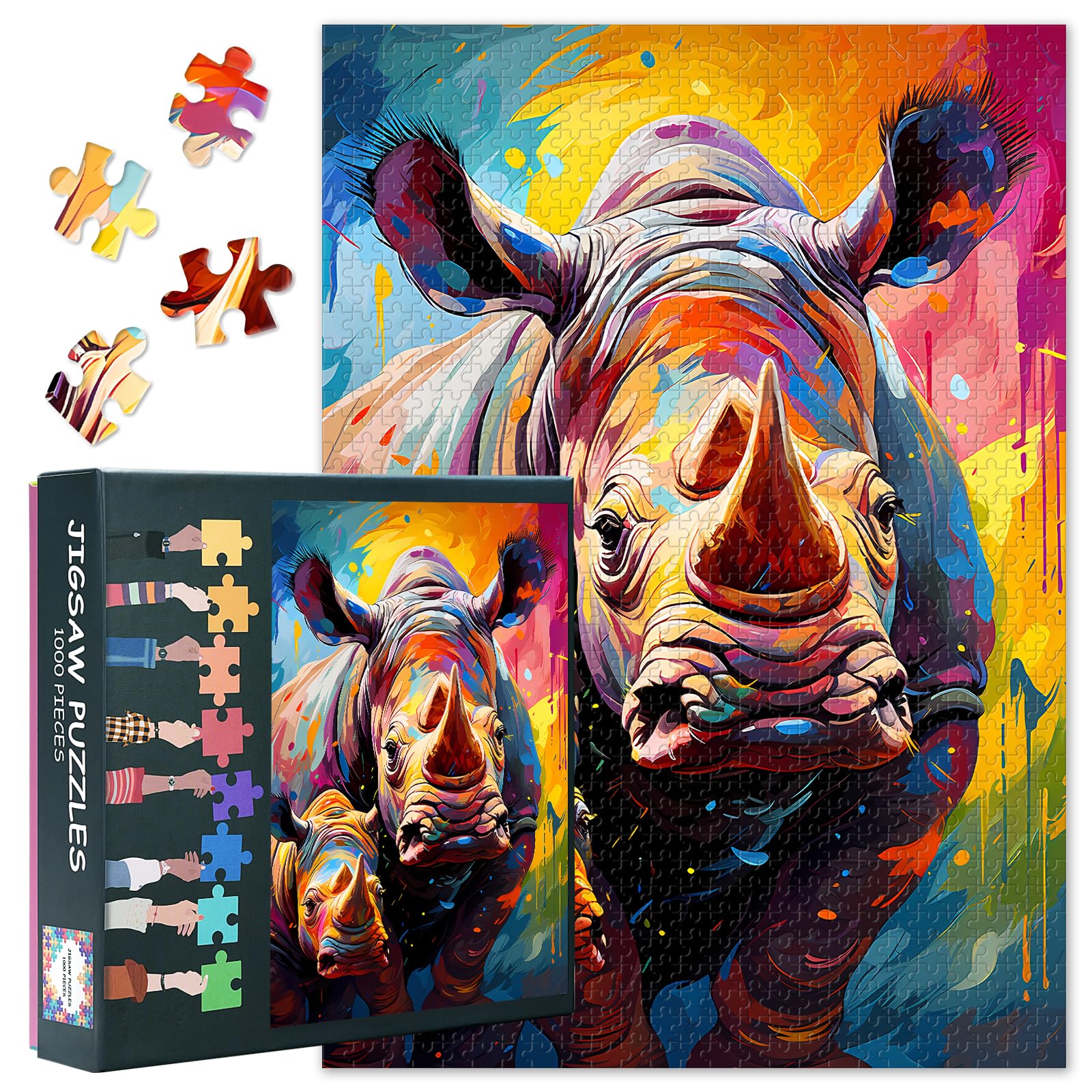 Rhinoceros Puzzles for Adults 1000 Pieces, Rhinoceros With Its Baby Jigsaw Puzzles, Adult Puzzle for Adults, Educational Fun Games or Toys for Elders Friends 20X27 INCH โ image 1