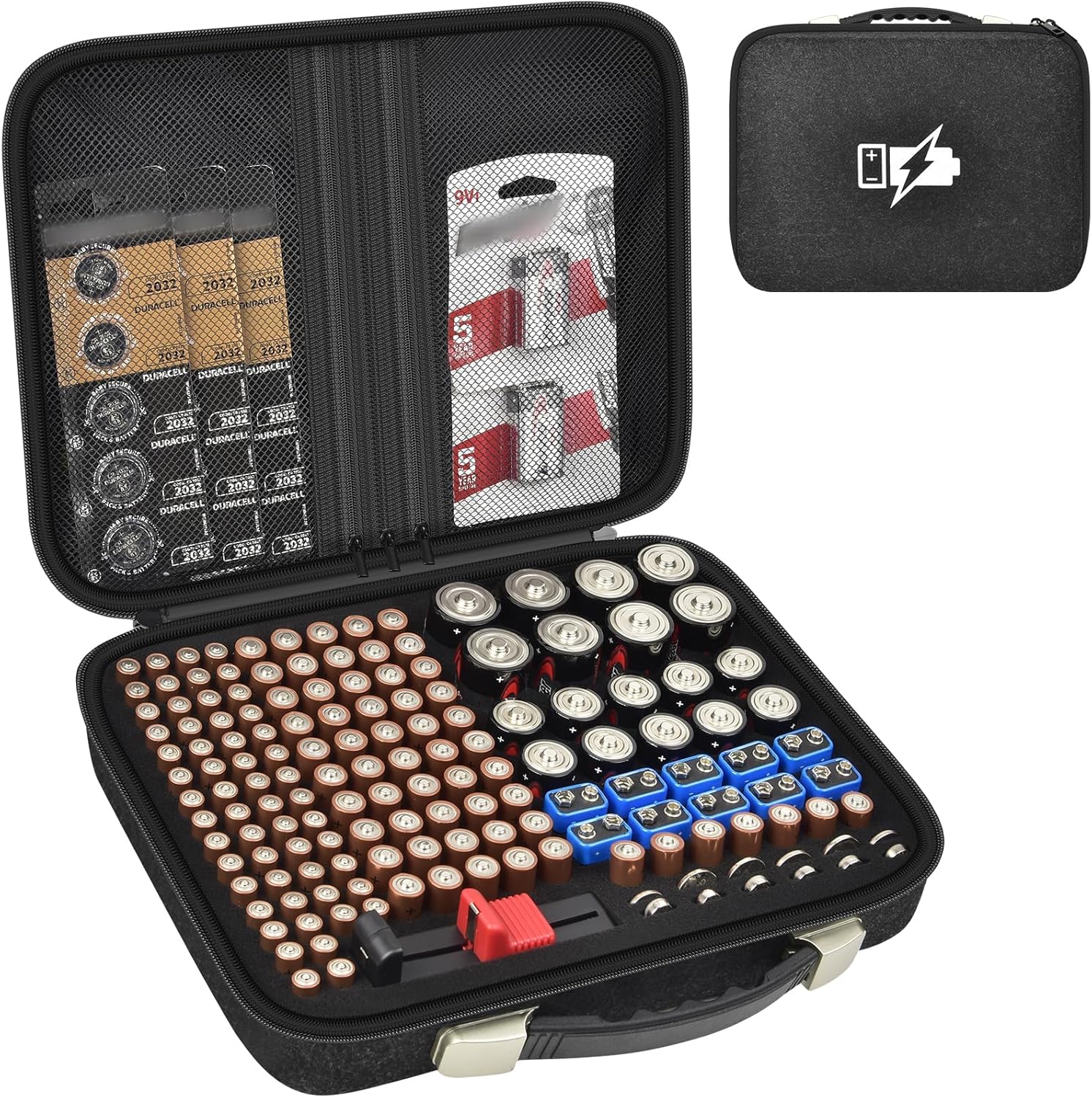 Battery Organizer Storage Case Compatible with 200+ Batteries (AA AAA C D 9V Button), Portable Felt Battery Organizer with Tester & 3 Mesh Pockets, Water-Resistant Box for Drawer & Garage, Case Only