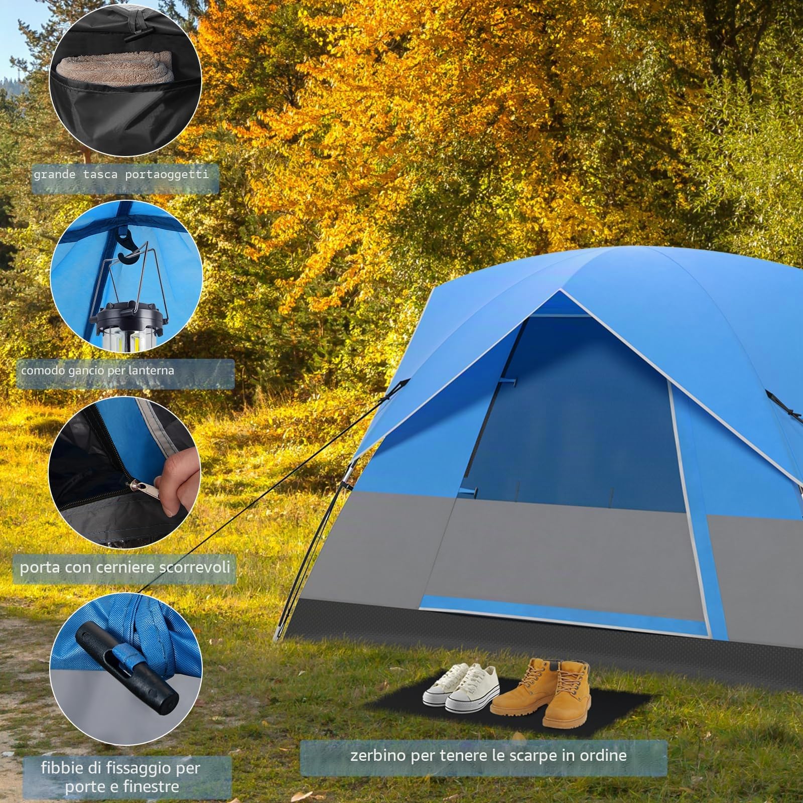 HOMASIS Tenda da campeggio per 2-3 persone, impermeabile a cupola con 3 finestre e tettuccio a pioggia, tenda da esterno con 4 corde antivento e 8 picchetti, tenda ultraleggera per trekking,