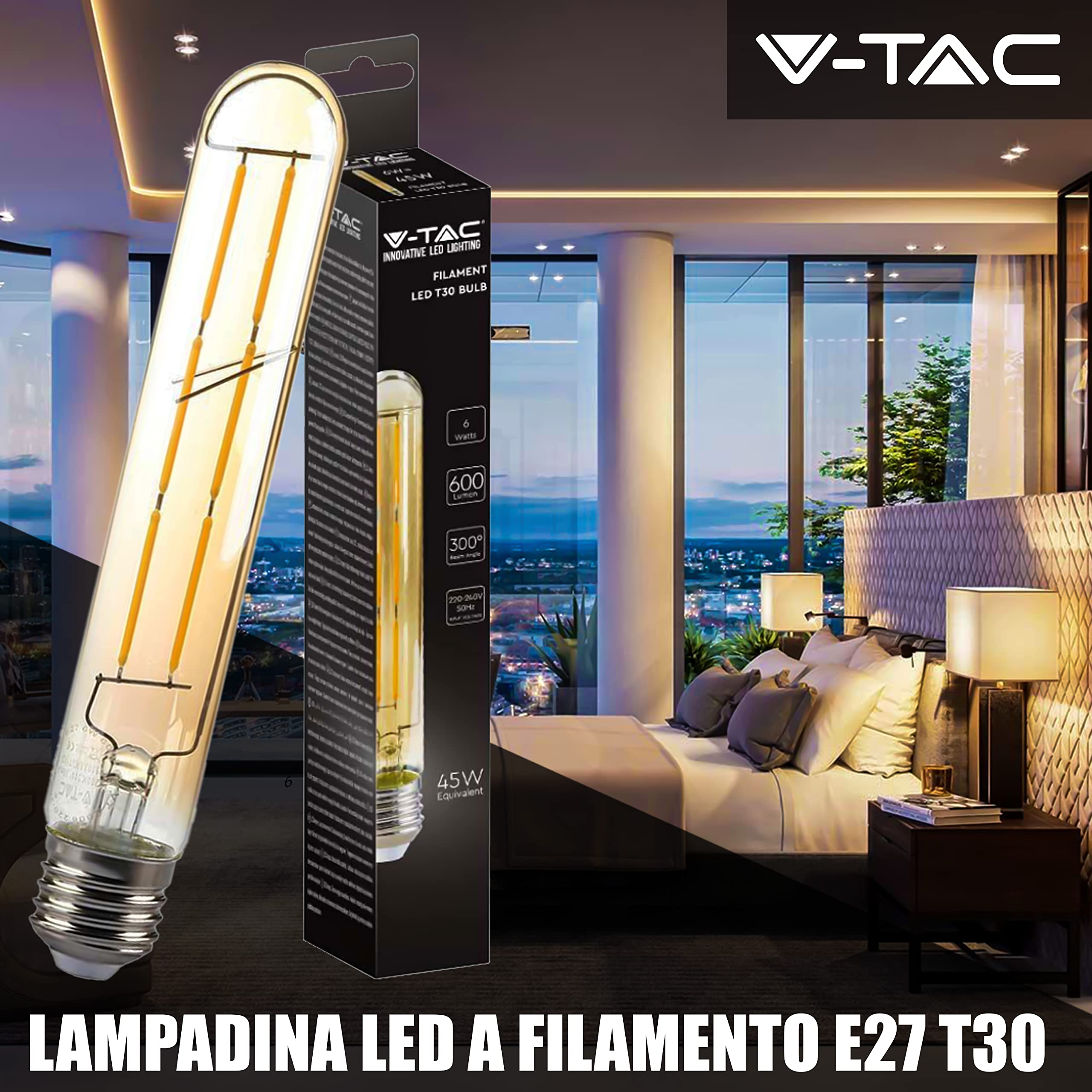 V-TAC Bombilla LED de filamento ámbar T30 con casquillo E27-6 W (Equivalentes a 45 W) – 100 lúmenes – Bombillas vintage cristal – Máxima eficiencia y ahorro energético – 2200 K blanco cálido