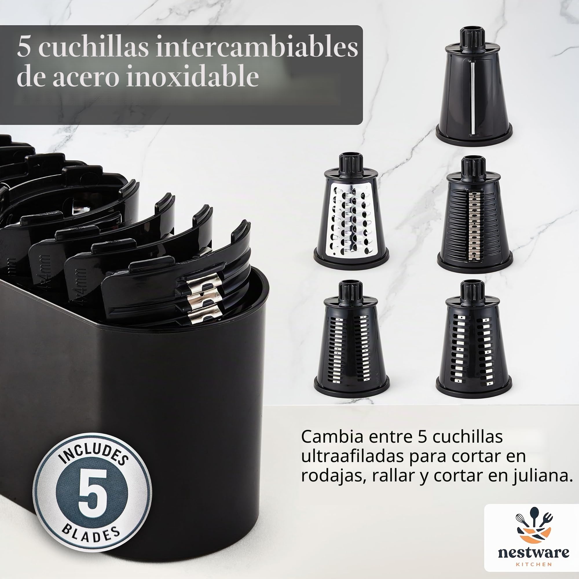 Rallador giratorio de queso de 5 cuchillas, succión reforzada y 5 tambores intercambiables, fácil de usar, picador de verduras, negro