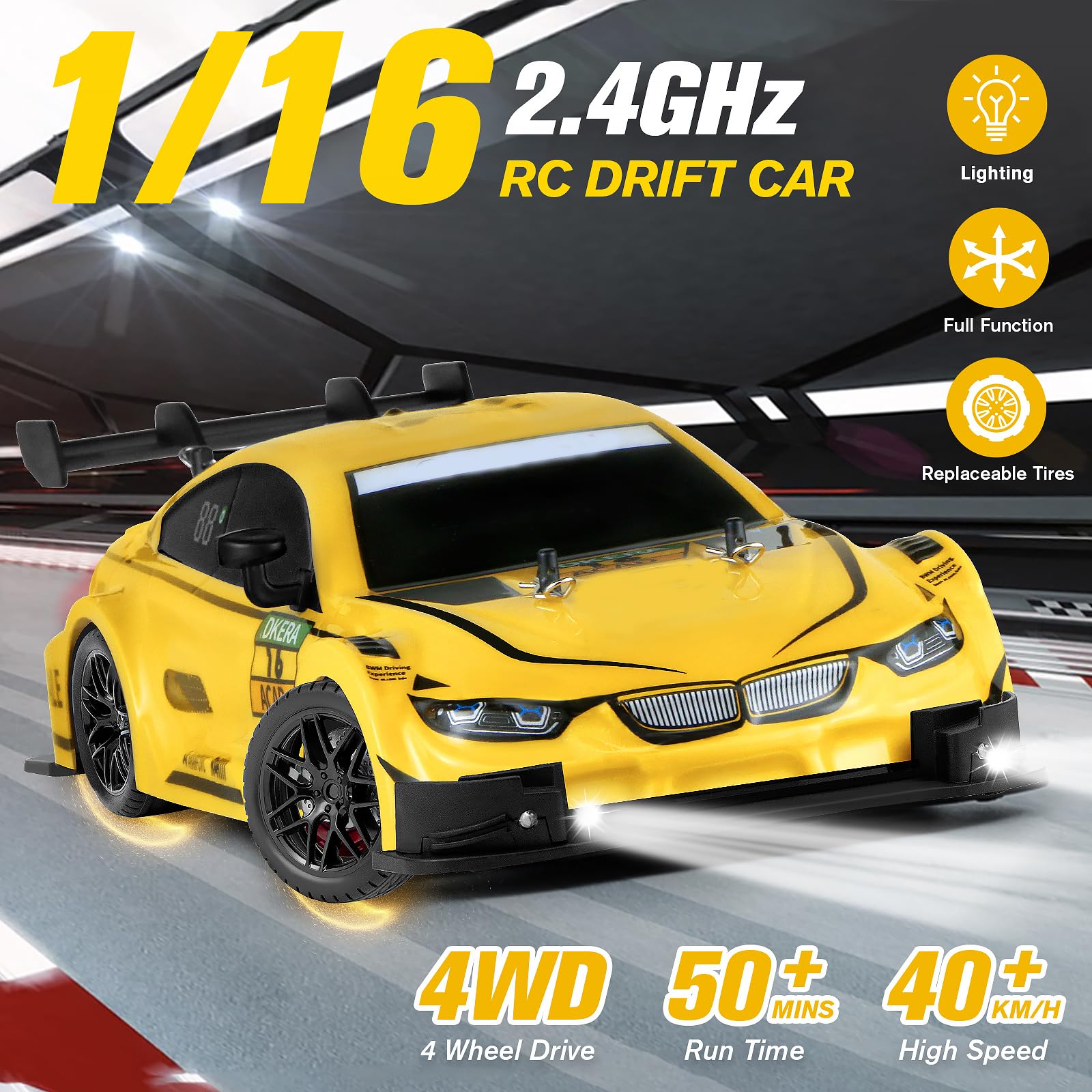 PANKQQ RC Drift Car, 1:16 Scale Drifting Cars2.4GHz 4WD RC Race Car, 40km/h High-Speed Remote Control Drift Cars Vehicle, Racing Sport for Boys Girls Kids - 2 USB Rechargeable Batteries (Yellow)