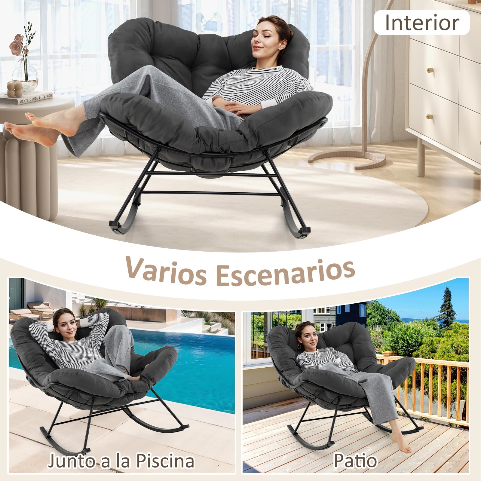 COSTWAY Silla Mecedora con Cojín Acolchado, 110x95x94 cm, Mecedora Salon Extra Grande, Carga 205 kg, Sillon Balancin con Marco de Metal, Pies Antideslizantes, Antivulco, Interior y Exterior, (Gris)