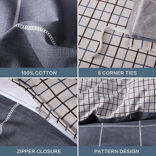 Miniatura 5 de SAPHREAS Juego de funda de edredón de algodón, tamaño Queen, a cuadros color gris oscuro, geométrico, 3 piezas, 1 funda de edredón y 2 fundas de