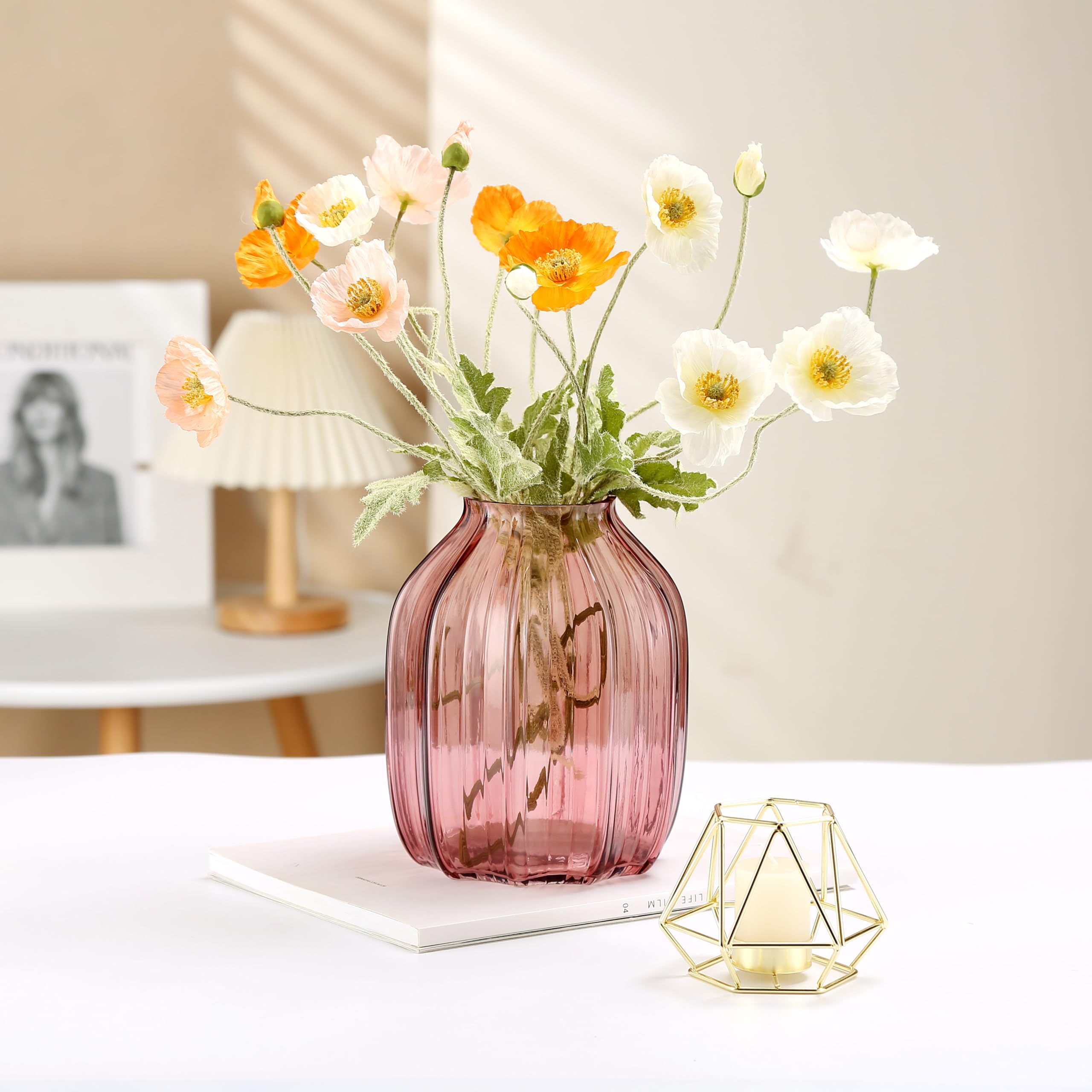 JAKY Global Large Pink Vase Glass Flower Vase H-20cm Tall Glass Vases for Flowers Elegant Home Living Room Decor,Table Centerpiece for Farmhouse and Office(Pink 20cm) - Image 2