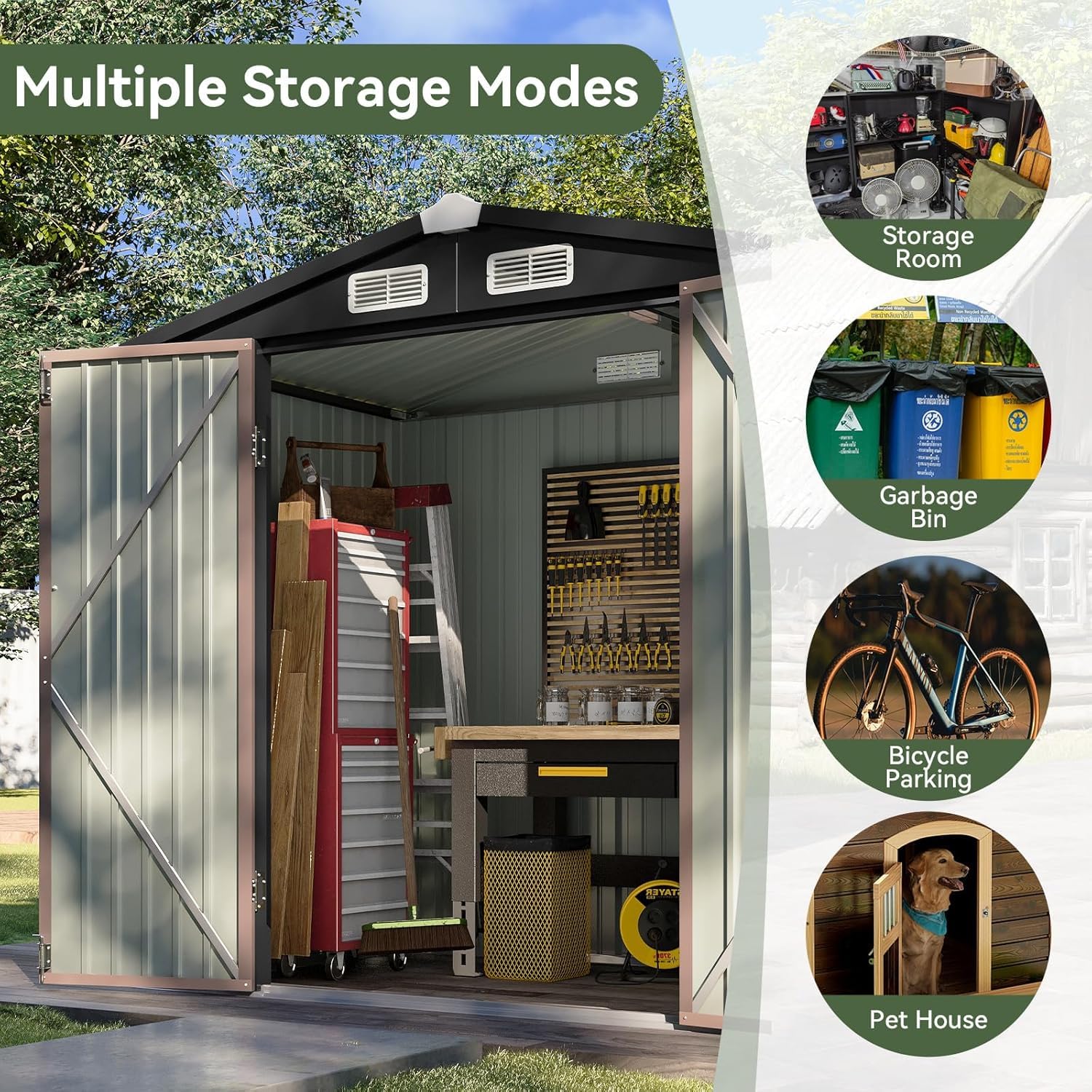 Aoxun Garden Sheds 6x4ft, Metal Shed Bike Tool Shed, Sheds and Outdoor Storage with Lockable Doors & Slooping for Backyard, Patio, Poolside,Brown — view 7