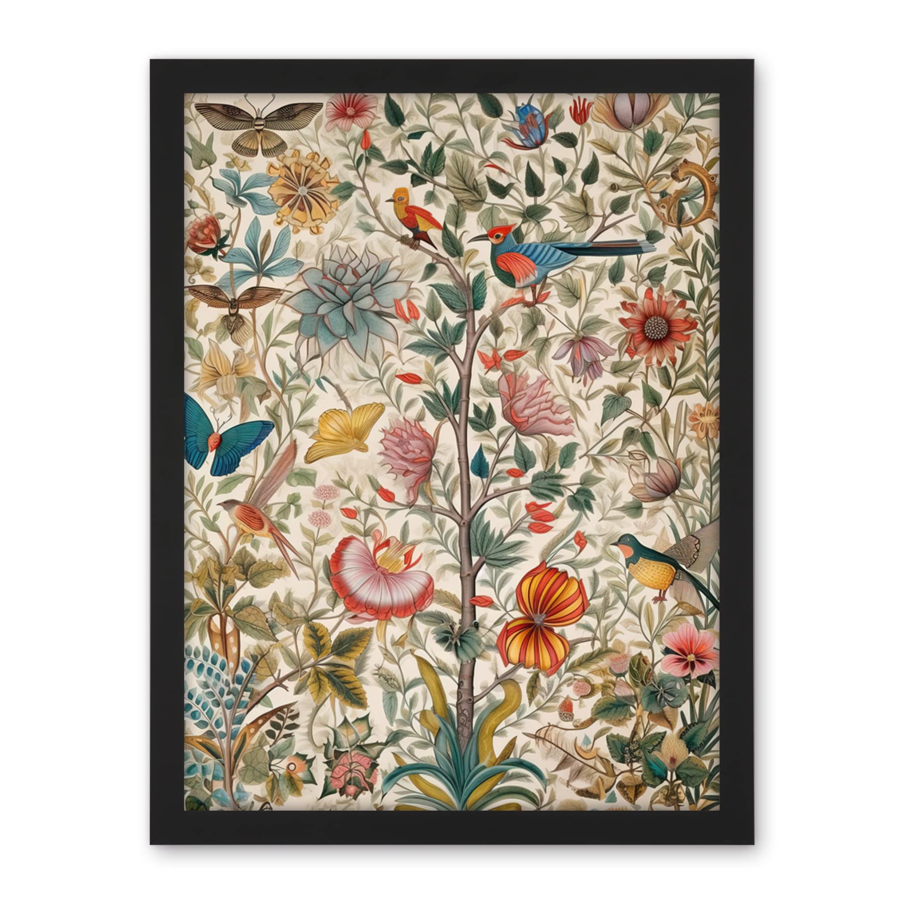 Artery8 Butterflies And Flower Plants Pattern Folk Art Watercolour Painting Artwork Framed Wall Art Print 18X24 Inch