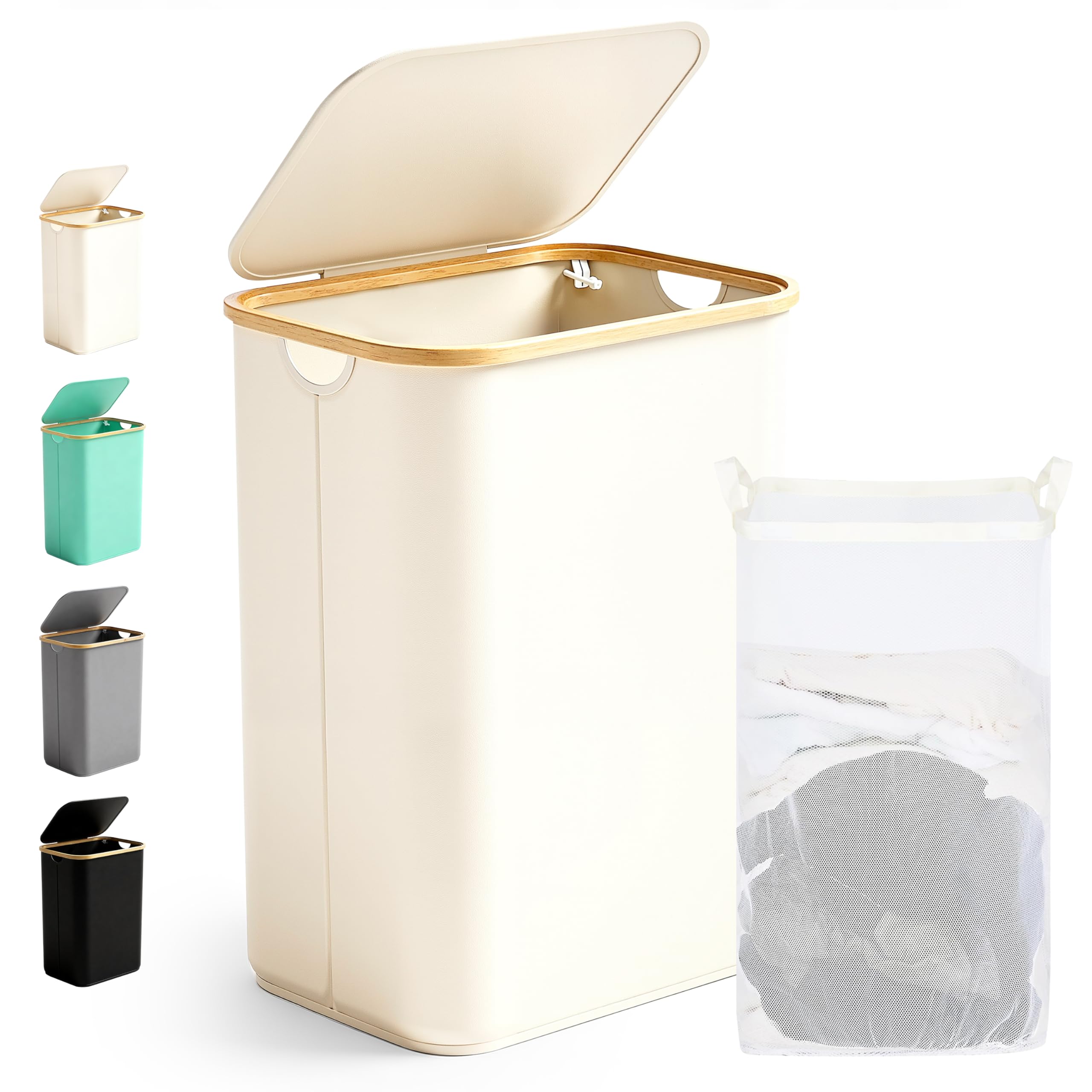 Ribelli Cesto portabiancheria pieghevole da 85 litri, con coperchio e sacchetto rimovibile, per lavanderia, bagno, camera da letto, crema