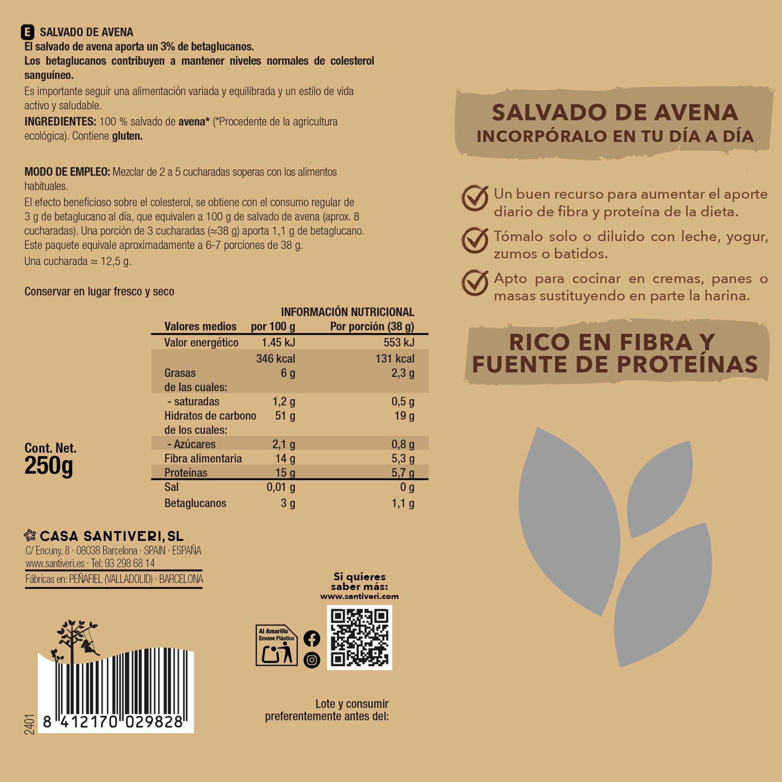 Santiveri - Salvado De Avena BIO Bolsa 250 Gr