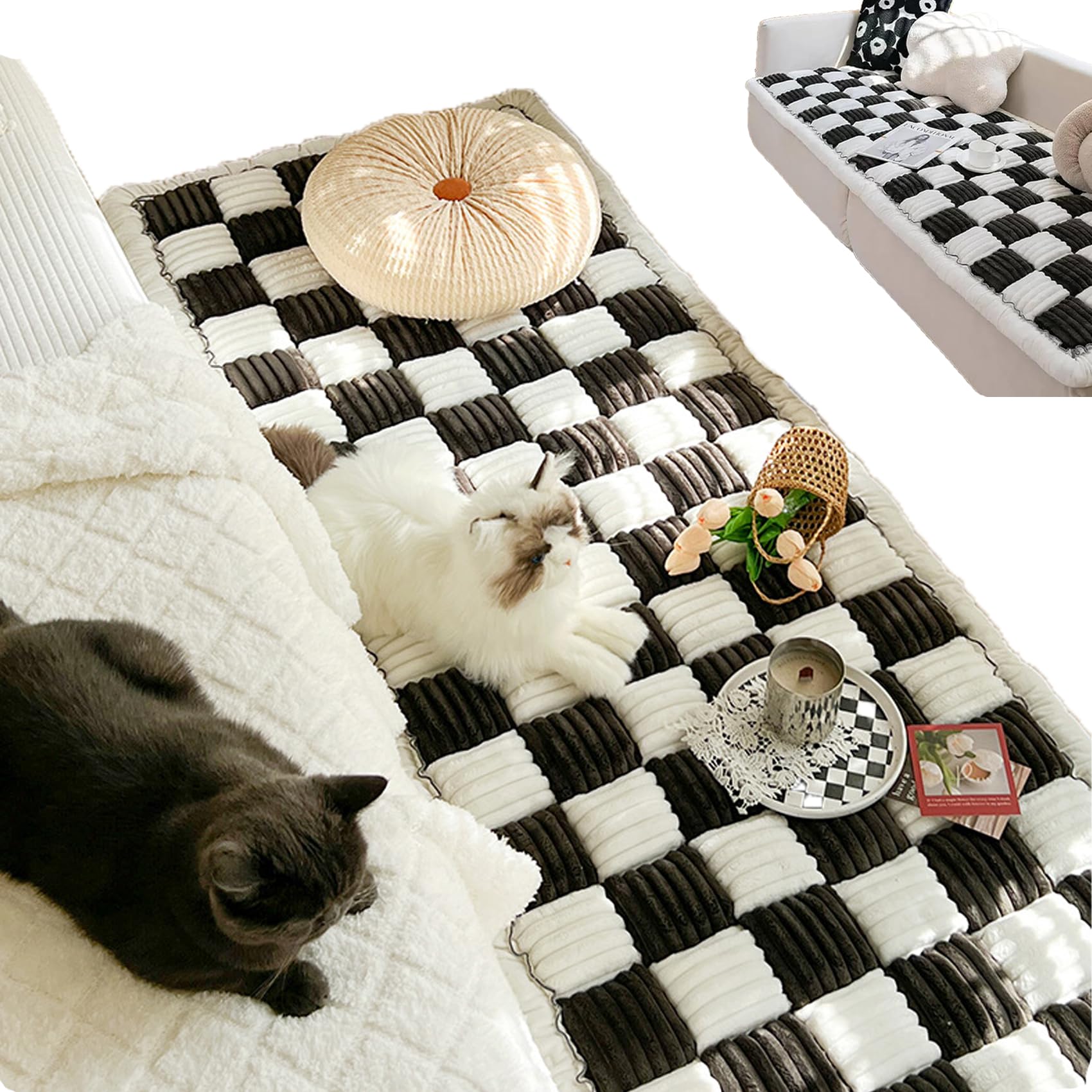 Funny Fuzzy Cream-Coloured Large Plaid Square Pet Mat Bed Couch Cover - Soft & Comfortable Dog Sofa Couch - Ideal for Pets & Home