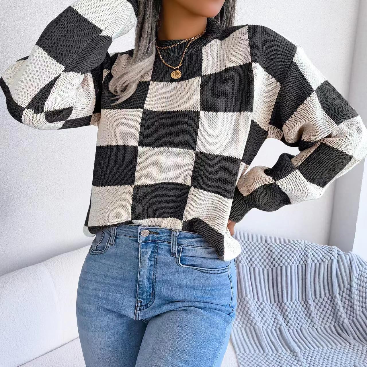 Women's Color Block Checkered Crew Neck Long Sleeve Y2K Plaid Knitted Pullover Sweater Tops Vintage Preppy Style Knitwear - Image 2