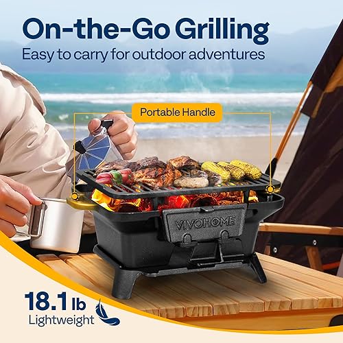Miniatura 5 de VIVOHOME Parrilla rectangular de carbón de hierro fundido con rejilla de doble cara, parrilla portátil para barbacoa al aire libre, estufa compacta