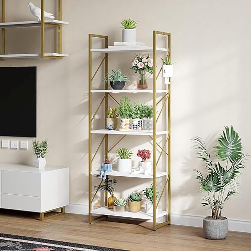 Miniatura 3 de YITAHOME Estantería dorada de 5 niveles, estantería moderna, estante para libros, estantes de almacenamiento en sala de estarhogaroficina,