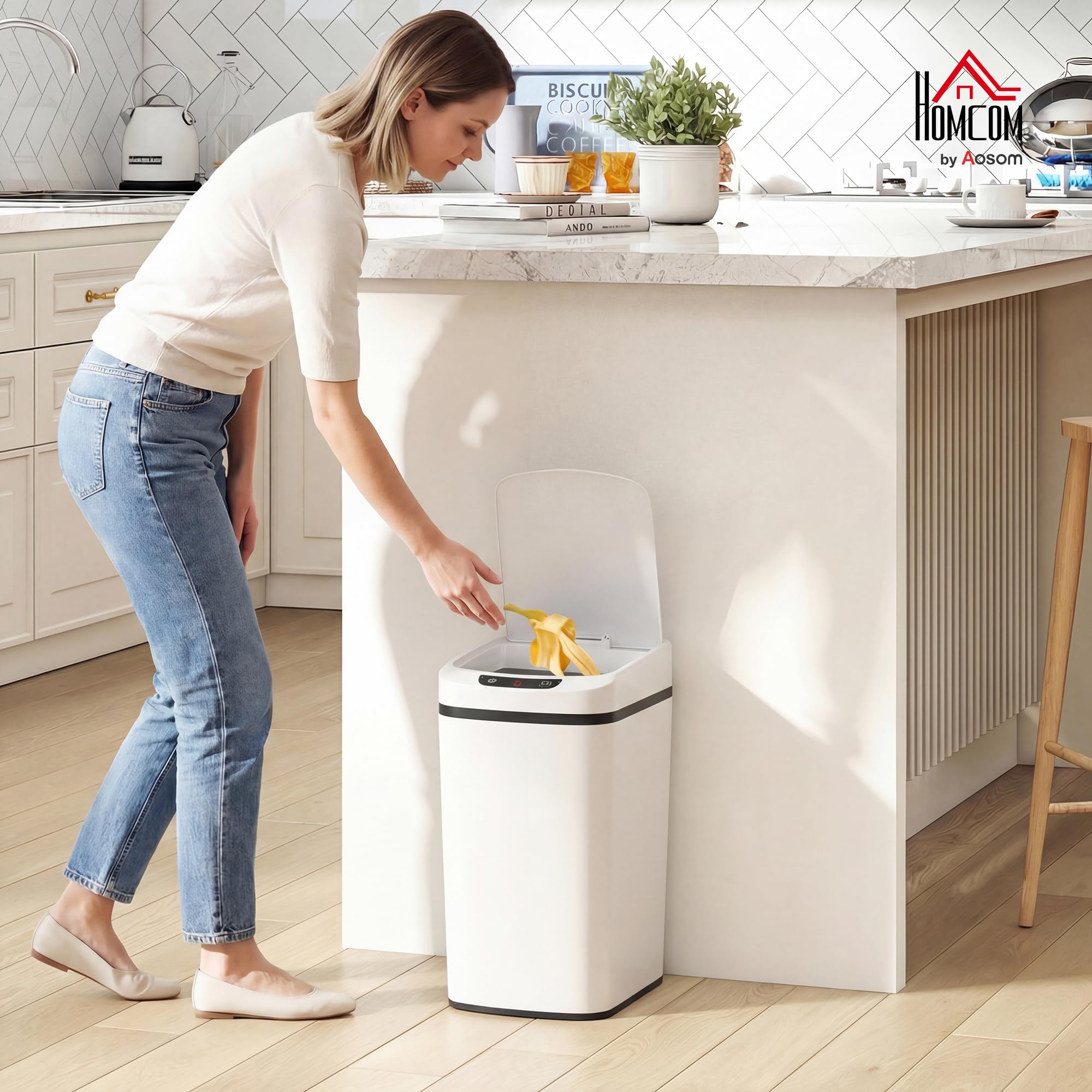 HOMCOM Cestino Pattumiera da 12L Sensore a Infrarossi 28x22x41 cm Bianco | Pulsante Touch, Secchio Rimovibile, Bidone per Immondizia, Acciaio Inox, ABS e PP